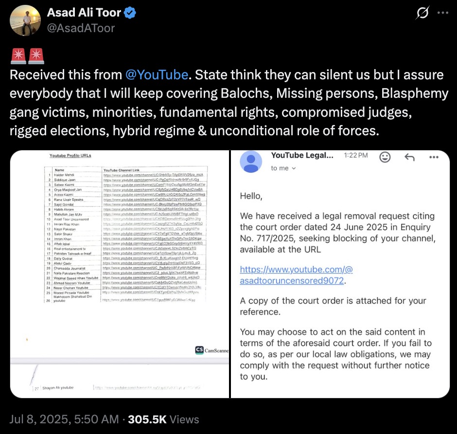 Screenshot of a Twitter post by Asad Ali Toor showing a message from YouTube Legal about a legal removal request for his YouTube channel dated June 24, 2025, with a list of YouTube profile URLs included in the image.