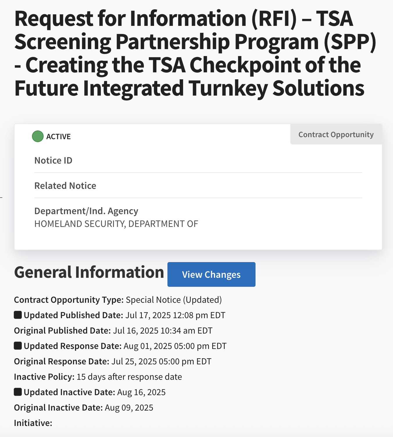 Request for Information (RFI) for TSA Screening Partnership Program (SPP) to create TSA Checkpoint of the Future Integrated Turnkey Solutions, marked active by Homeland Security department, with details on contract opportunity type as special notice, updated and original published and response dates, inactive policy, and updated inactive date in 2025.
