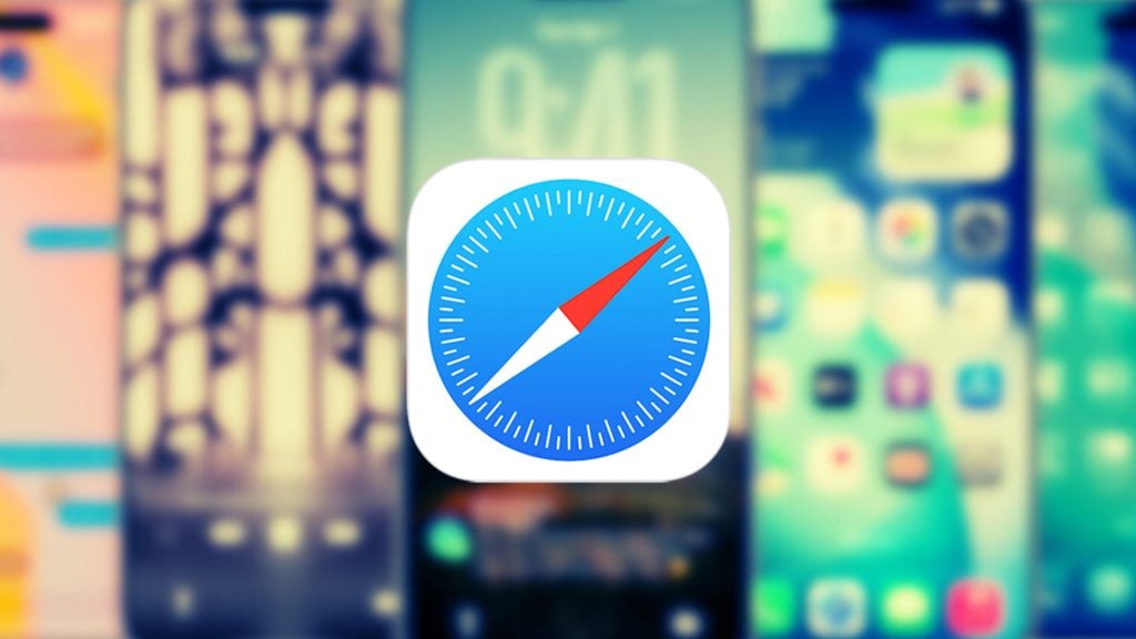 Safari web browser app icon with a blue compass featuring a red and white needle on a white rounded square background, overlaid on a blurred smartphone home screen with various apps.
