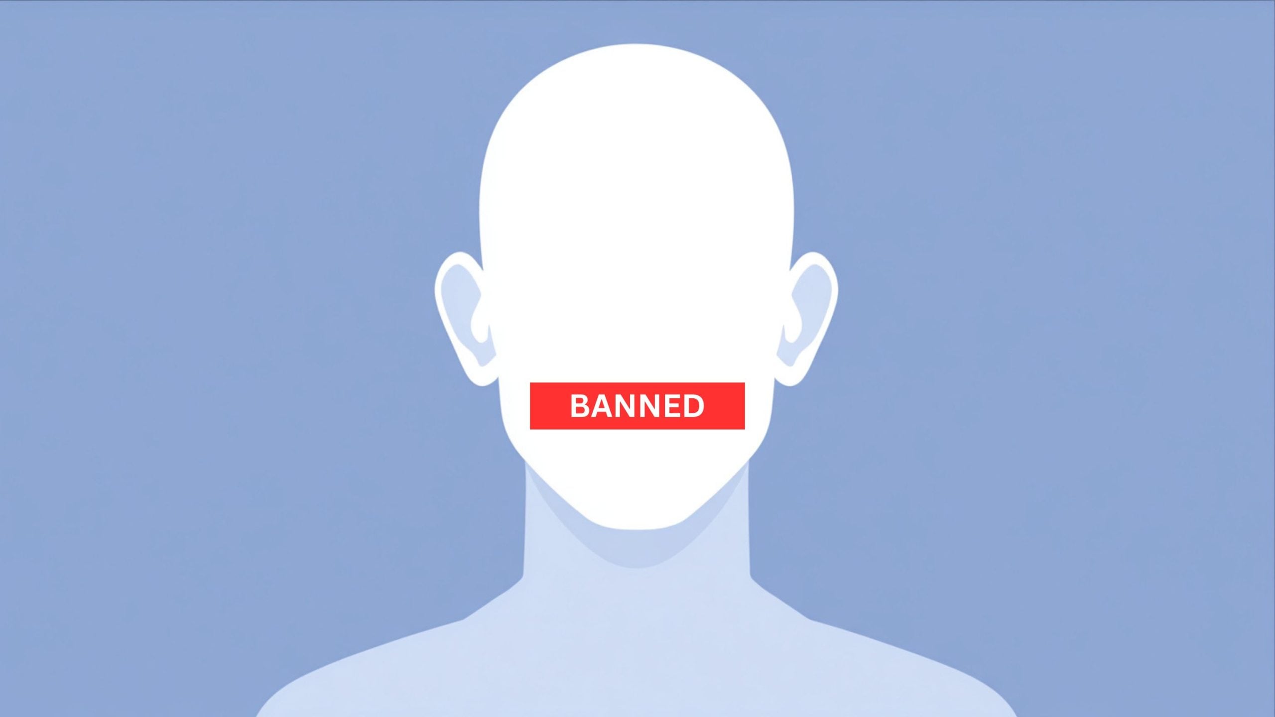 Simplified illustration of a faceless human head and shoulders against a blue background, with a red rectangle labeled BANNED covering the mouth area.
