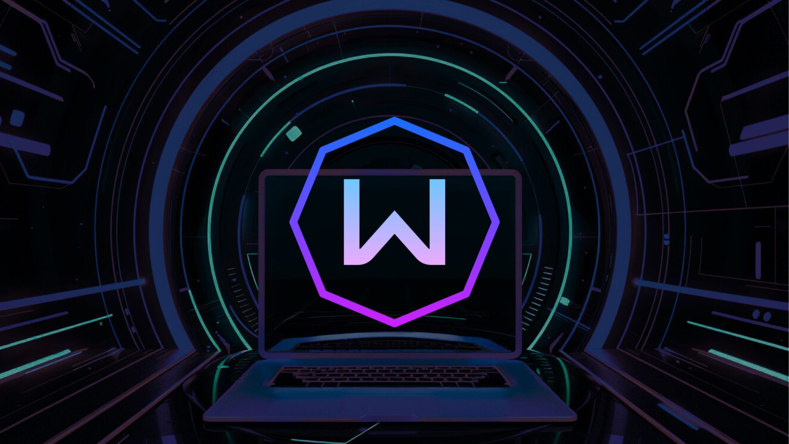 Laptop with a glowing stylized W logo displayed on the screen, set against a futuristic digital tunnel background with circular neon light patterns.