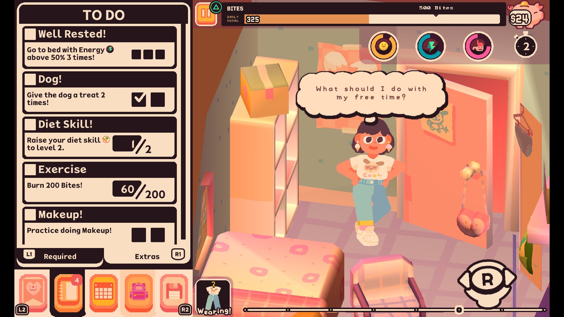 In a cozy, pastel-colored room, a game character stands in front of an open door with a speech bubble asking, 'What should I do with my free time?', next to a to-do list with tasks like 'Well Rested!' and 'Dog!' on the left side of the screen.