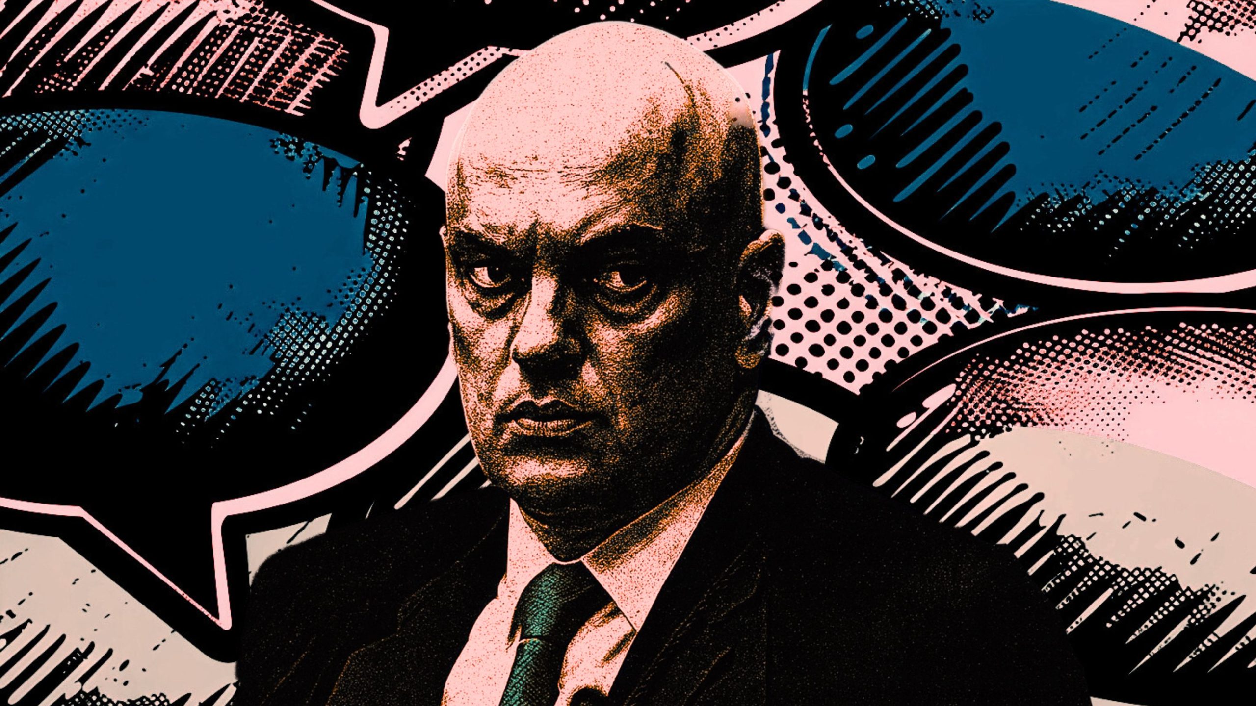 Portrait of Moraes wearing a suit and tie, illustrated in a halftone comic book style with speech bubbles in blue and beige behind him.