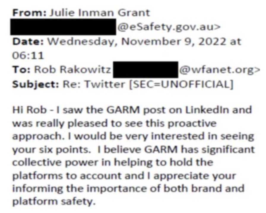 Screenshot of an email header with sender and recipient redacted, dated Wednesday, November 9, 2022 at 06:11, subject 'Re: Twitter [SEC=UNOFFICIAL]', and a message saying the writer saw a GARM post on LinkedIn, was pleased by the proactive approach, would like to see the recipient's six points, and praised GARM's collective power to hold platforms to account and the importance of brand and platform safety.