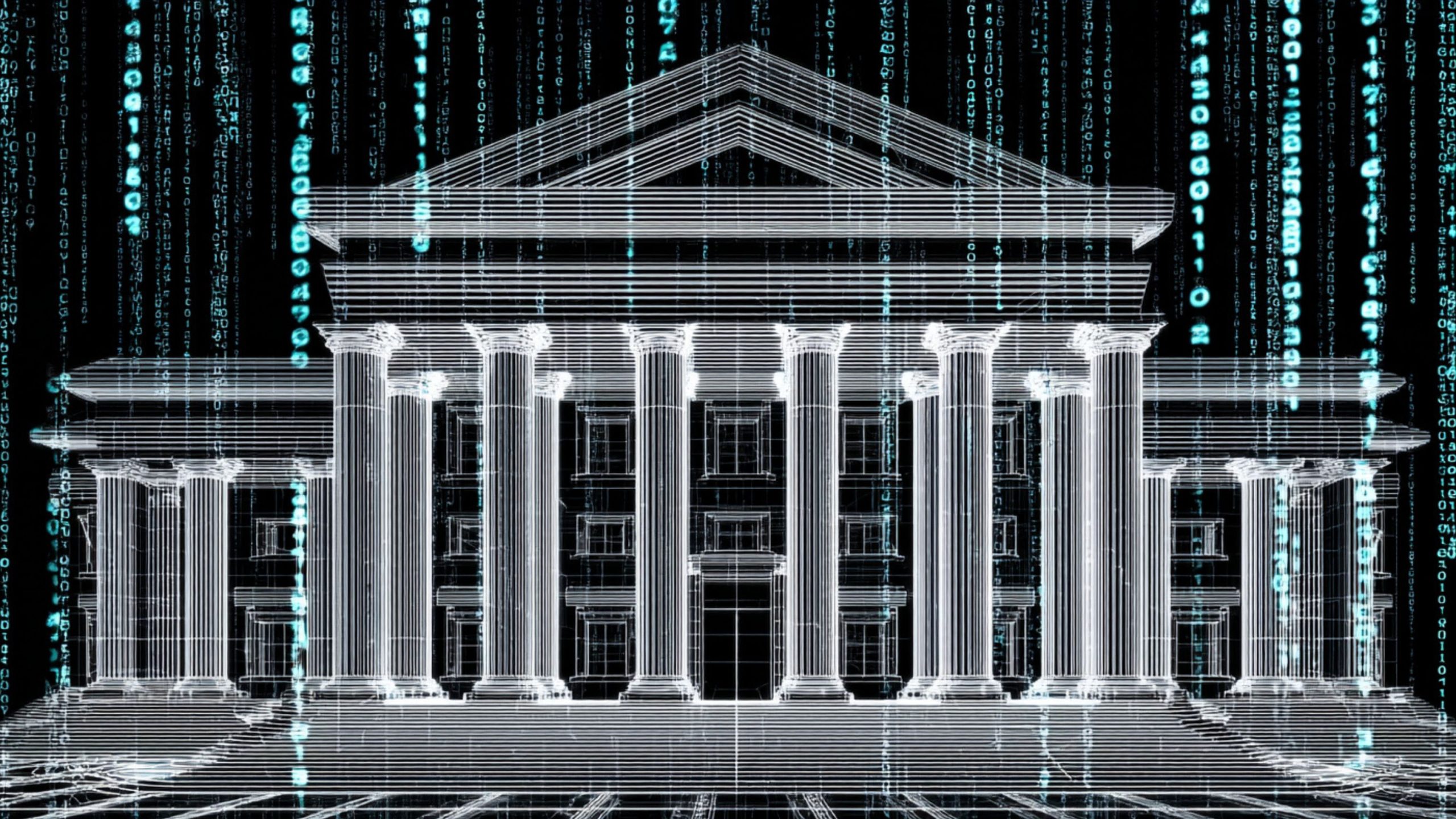 Wireframe digital illustration of a classical building with columns and a triangular pediment, overlaid with vertical streams of blue binary code on a black background.