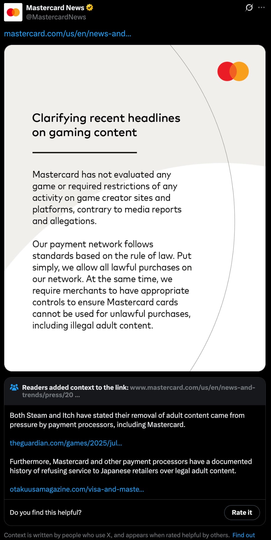 Screenshot of a tweet from Mastercard News clarifying their position on gaming content, stating they do not evaluate or restrict game creator activities and that their payment network only allows lawful purchases, including controls against unlawful purchases such as illegal adult content, with Mastercard logo in the top right corner.