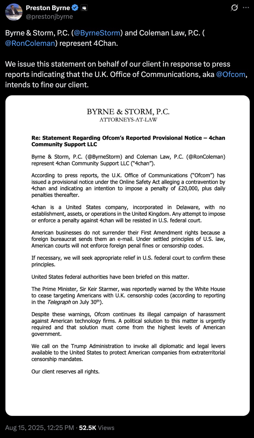 Screenshot of a social media post showing an attached letter from law firm Byrne & Storm, P.C. stating that Byrne & Storm and Coleman Law represent 4chan, that a reported Ofcom provisional notice and proposed £20,000 fine will be resisted in U.S. federal court, and calling on U.S. authorities to intervene while reserving all rights.