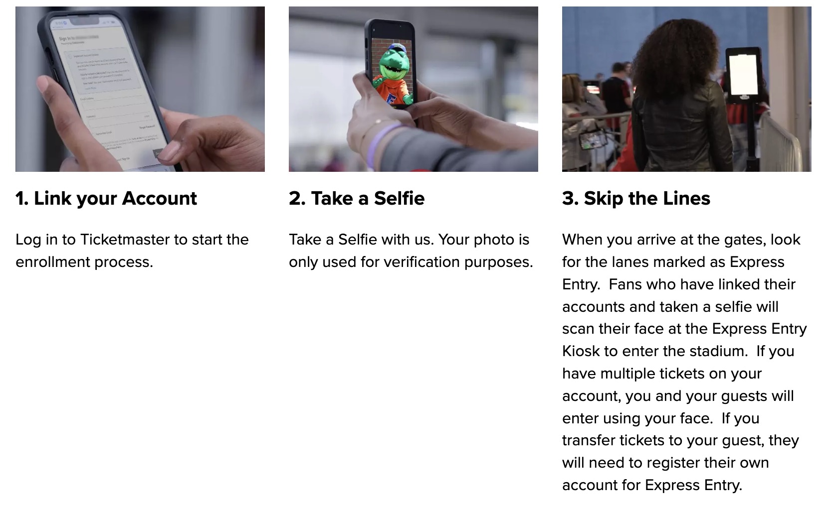 Three-panel instructional graphic: left shows a close-up of hands holding a phone on a login screen under the heading “1. Link your Account,” center shows hands holding a phone taking a selfie of a green mascot under “2. Take a Selfie,” and right shows a person seen from behind scanning at an express-entry kiosk under “3. Skip the Lines” with accompanying explanatory text about account linking and facial verification.