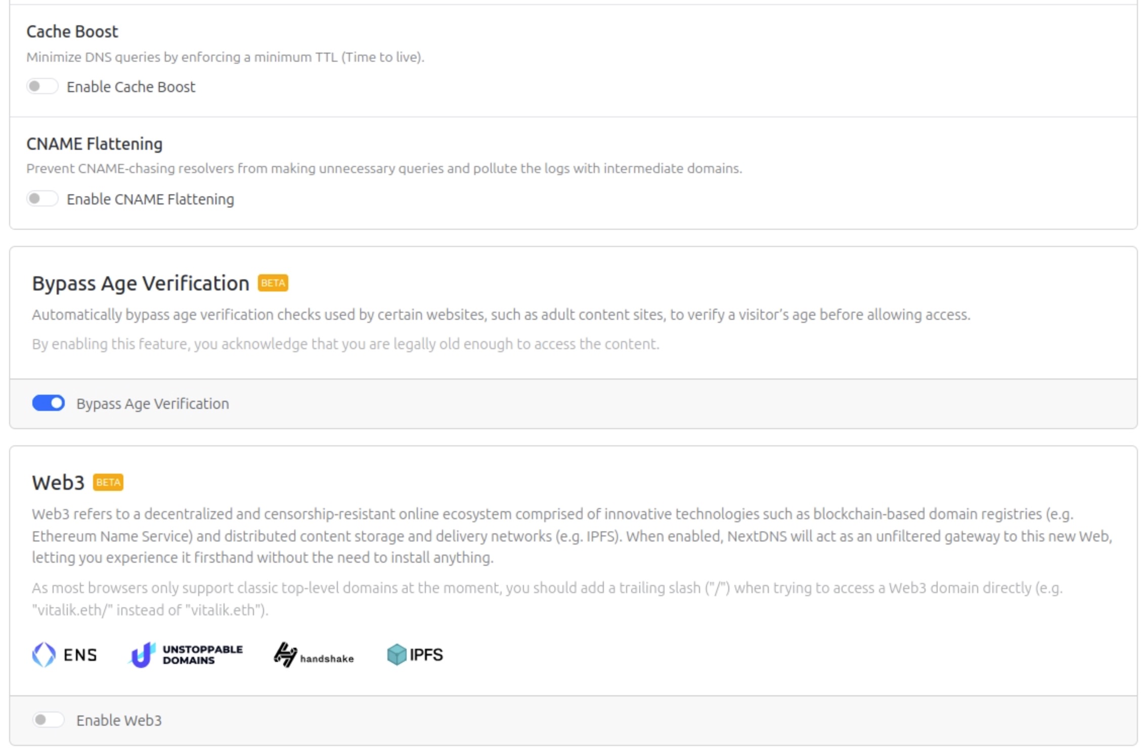 Settings panel with feature cards: 'Cache Boost' and 'CNAME Flattening' toggles shown off, a highlighted 'Bypass Age Verification (BETA)' section with explanatory text and a blue toggle switched on, and a 'Web3 (BETA)' section with explanatory text, logos for ENS, Unstoppable Domains, Handshake and IPFS, and its toggle off.