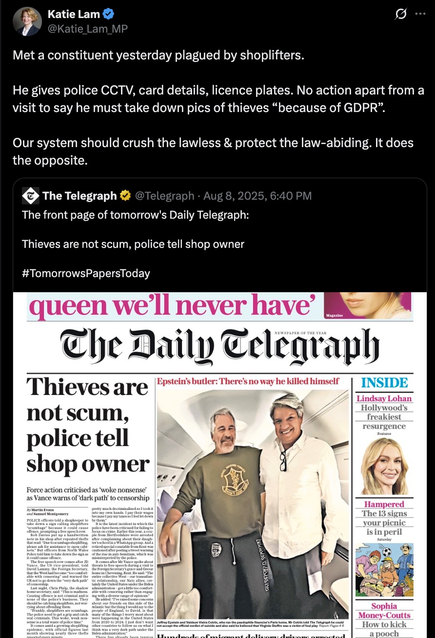 Screenshot of a verified Twitter post criticizing police inaction on shoplifters — the tweet says a constituent gave CCTV, card details and licence plates but was only told to remove photos “because of GDPR” — embedded is a newspaper front page headlined “Thieves are not scum, police tell shop owner” showing a photo of two men smiling inside an airplane and a celebrity column at the right.