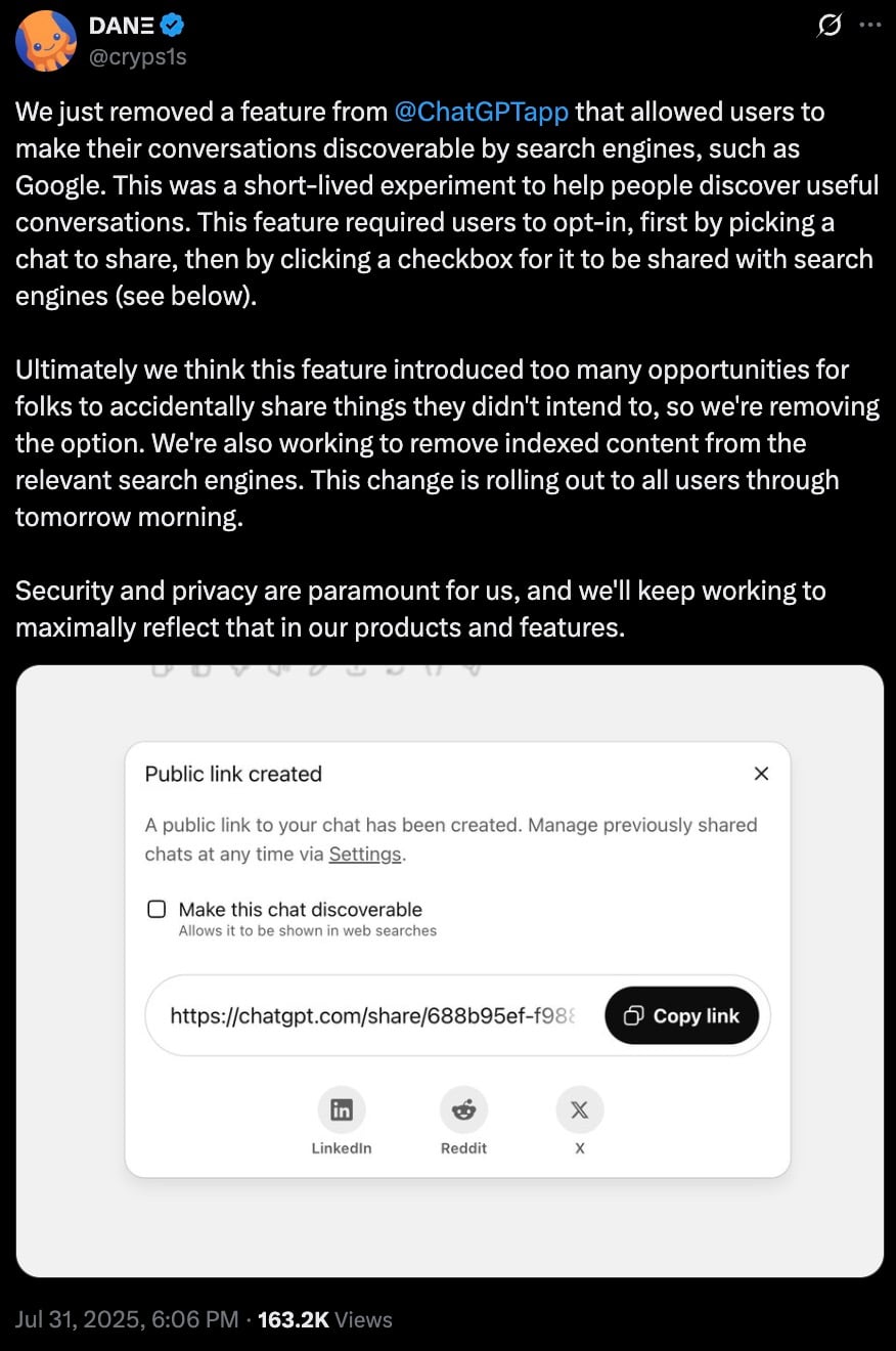 Tweet from user DANE explaining the removal of a feature from ChatGPT app that allowed conversations to be discoverable by search engines, citing privacy concerns and accidental sharing; includes screenshot of a public link creation dialog with an unchecked option to make the chat discoverable and a URL with sharing options for LinkedIn, Reddit, and X.