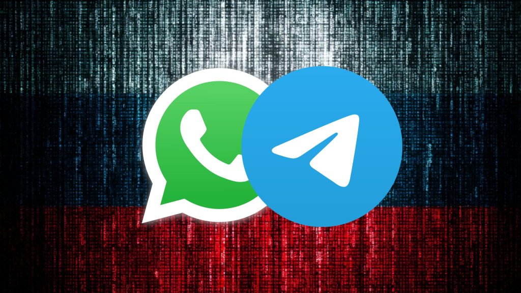 Overlapping WhatsApp logo (green speech bubble with white phone) and Telegram logo (blue circle with white paper plane) centered on a vertical code-style background shaded blue above and red below.
