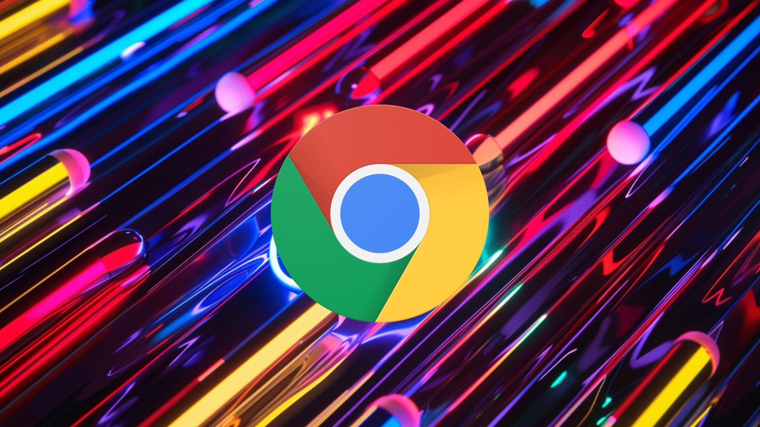 Google Chrome circular logo with red, yellow and green outer segments and a blue center centered on a diagonal neon-lit abstract background of glossy streaks and reflective tubular shapes in pink, blue and yellow.