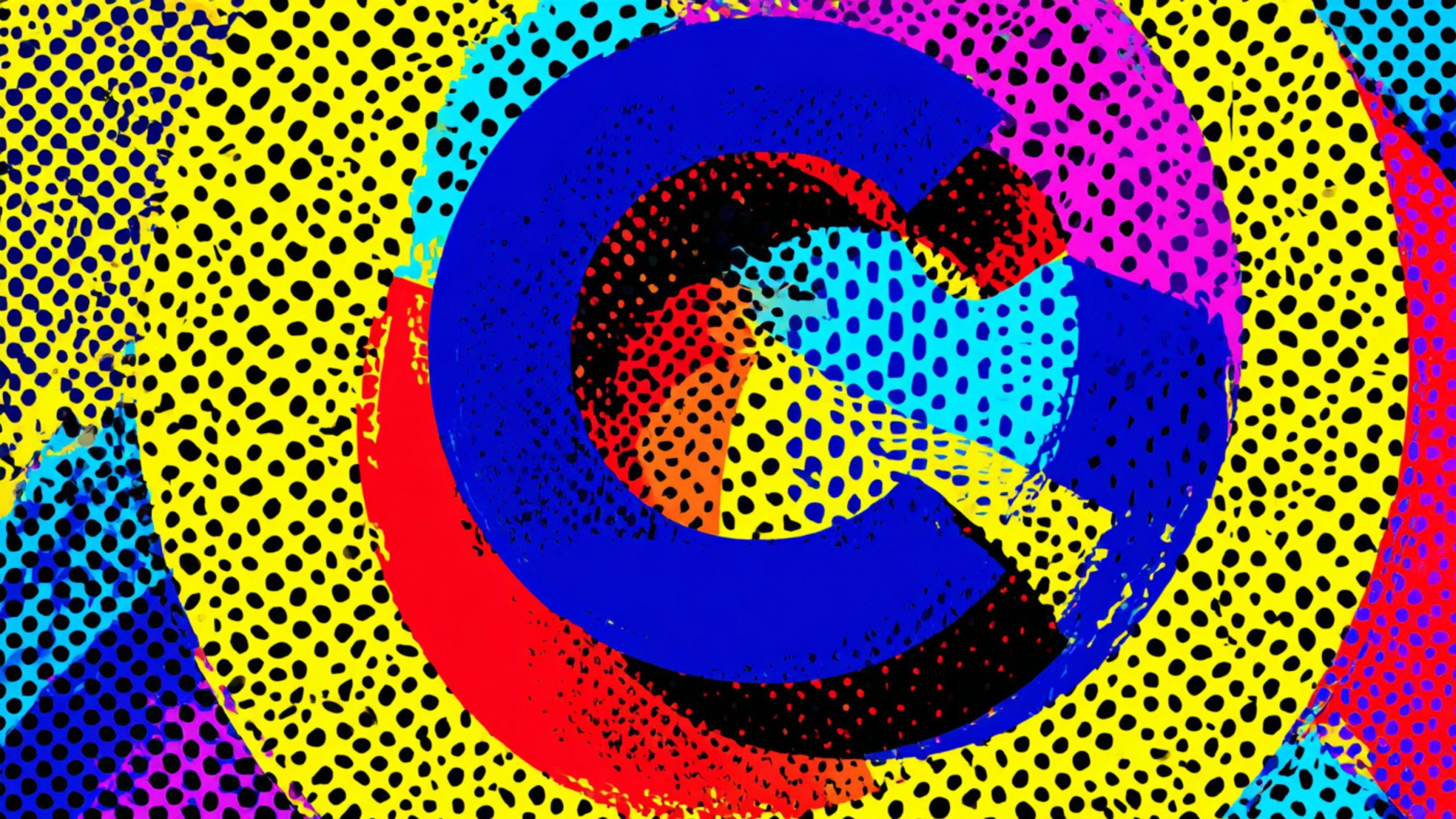 Bright pop-art style abstract showing overlapping concentric rings and torn shapes in vivid blue, yellow, red, cyan and magenta, layered with black halftone dots and a textured collage-like appearance.