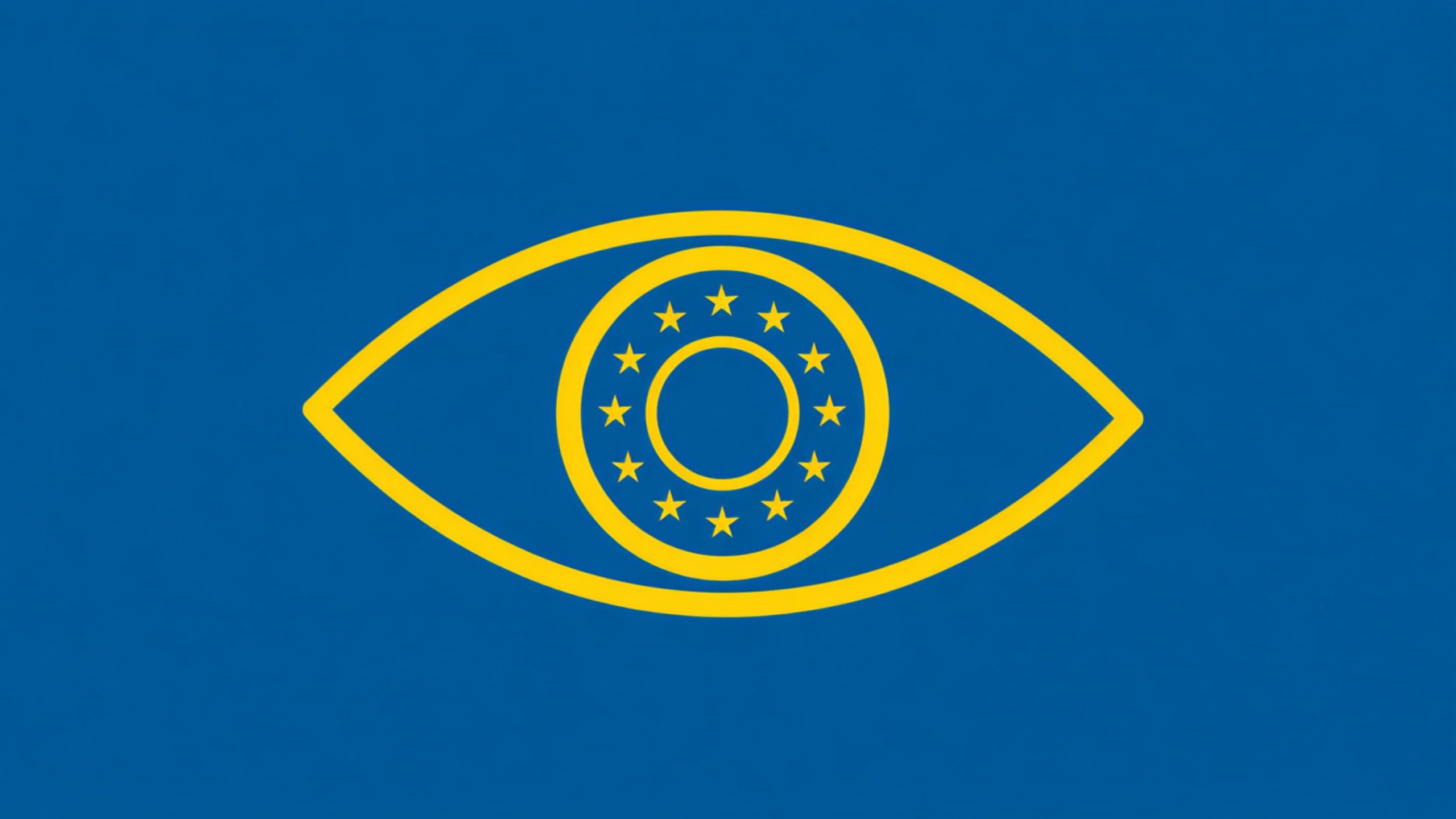 Yellow outline of an eye on a solid blue background, with a circular pattern of twelve yellow stars arranged in a ring inside the eye's pupil area.