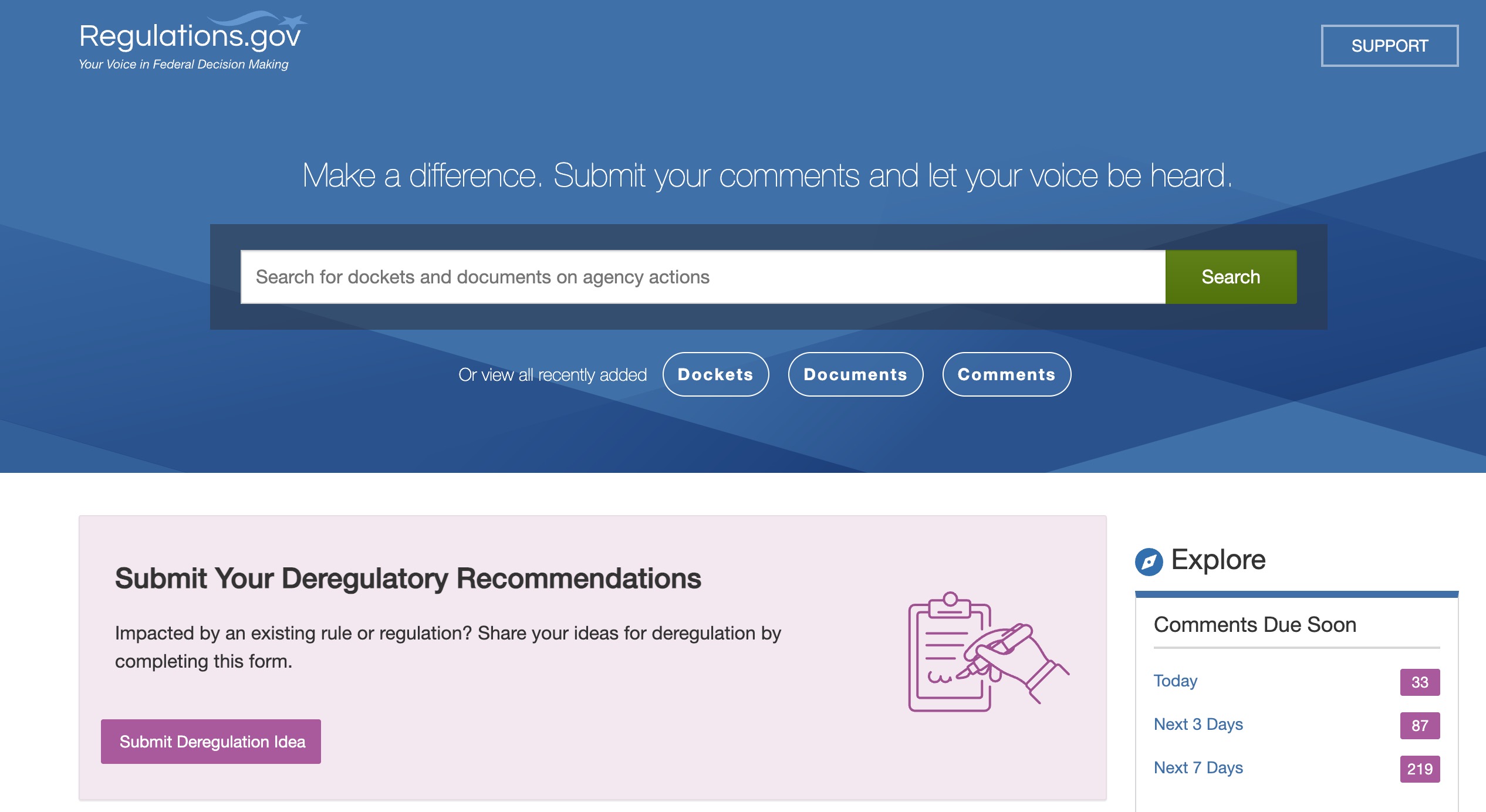 Regulations.gov homepage with a blue banner and large search bar, a pink 'Submit Your Deregulatory Recommendations' panel with a submission button, and an 'Explore' sidebar listing comments due soon.