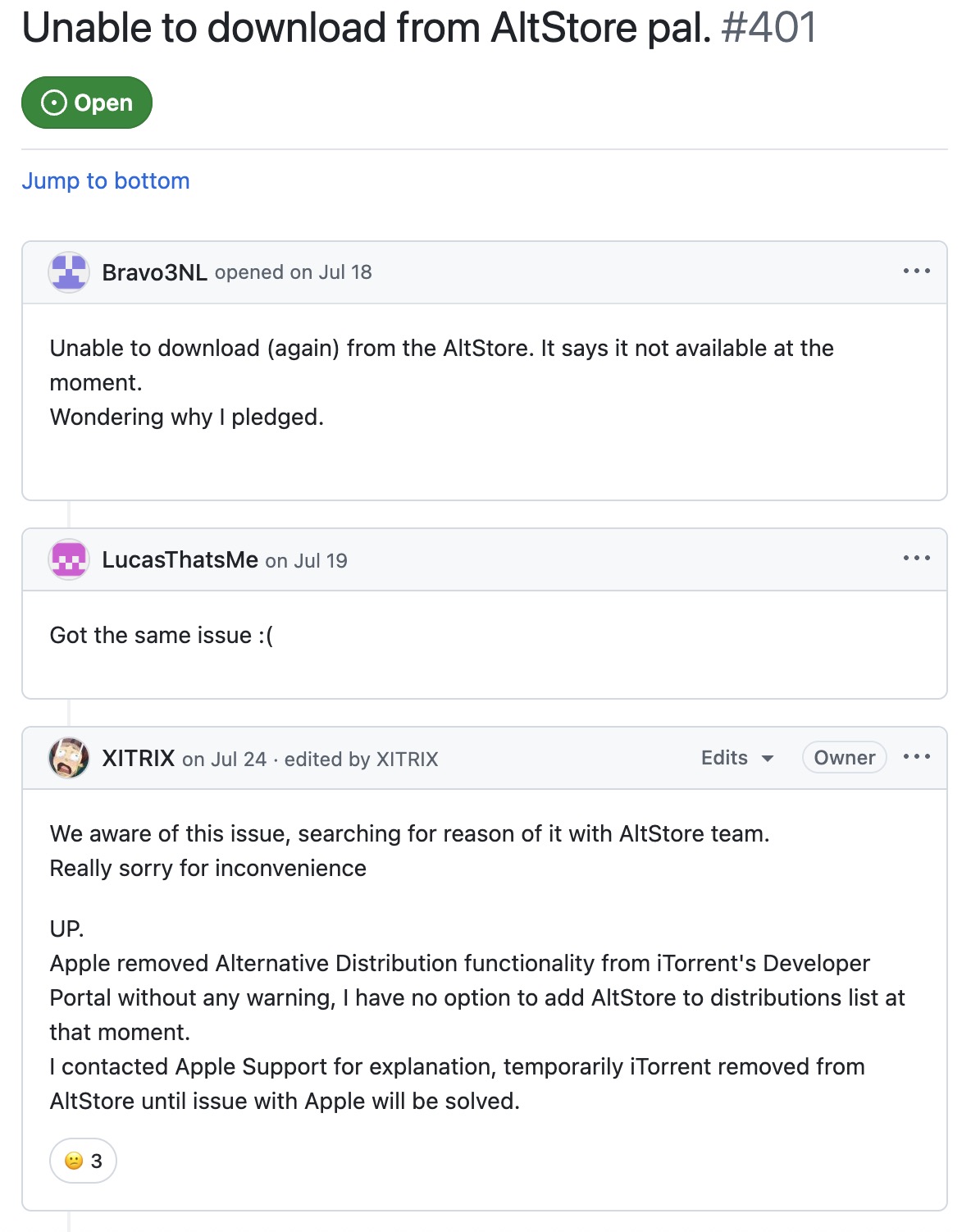 Screenshot of a GitHub issue titled “Unable to download from AltStore pal. #401” showing user comments complaining downloads are unavailable and an owner response explaining Apple removed Alternative Distribution functionality from iTorrent’s Developer Portal, so iTorrent was temporarily removed from AltStore while they contact Apple.