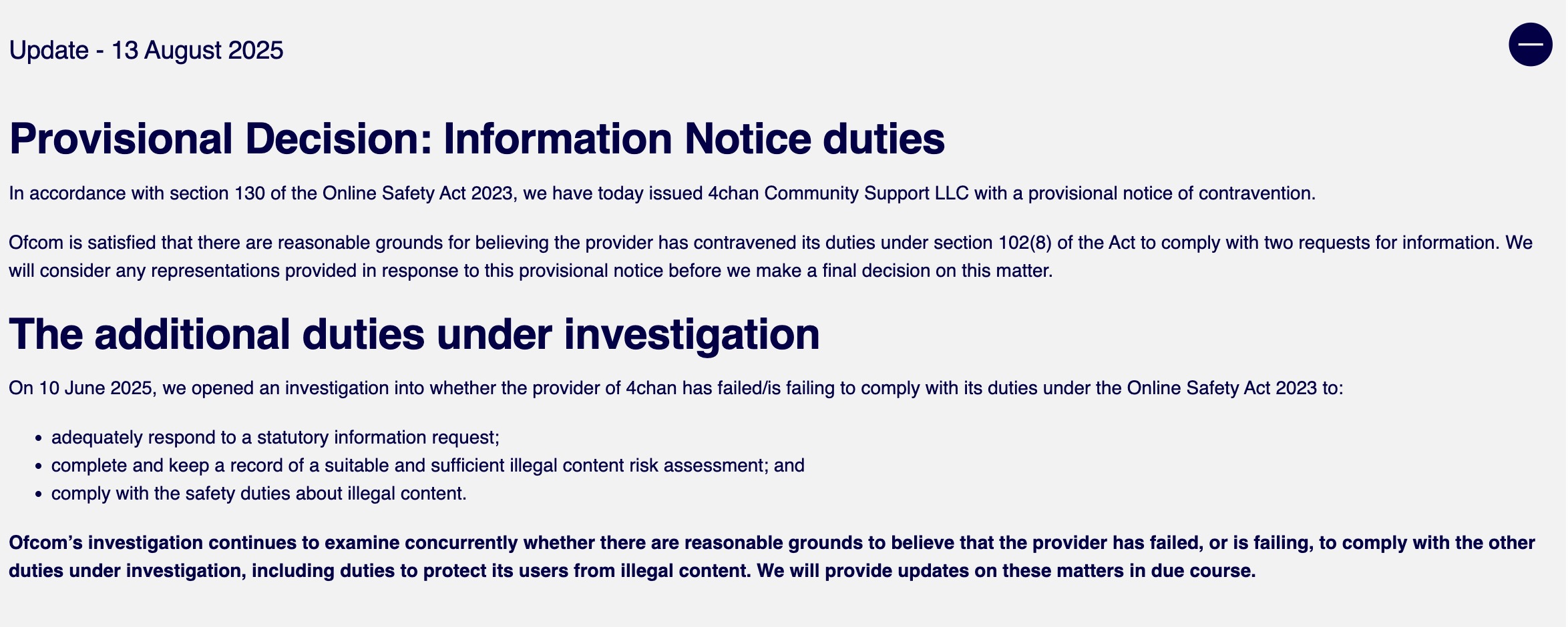 Screenshot of an Ofcom web page dated 13 August 2025 titled ‘Provisional Decision: Information Notice duties’, announcing a provisional notice of contravention issued to 4chan Community Support LLC and summarising ongoing investigations into failures to respond to statutory information requests, keep a suitable illegal content risk assessment, and comply with safety duties about illegal content.