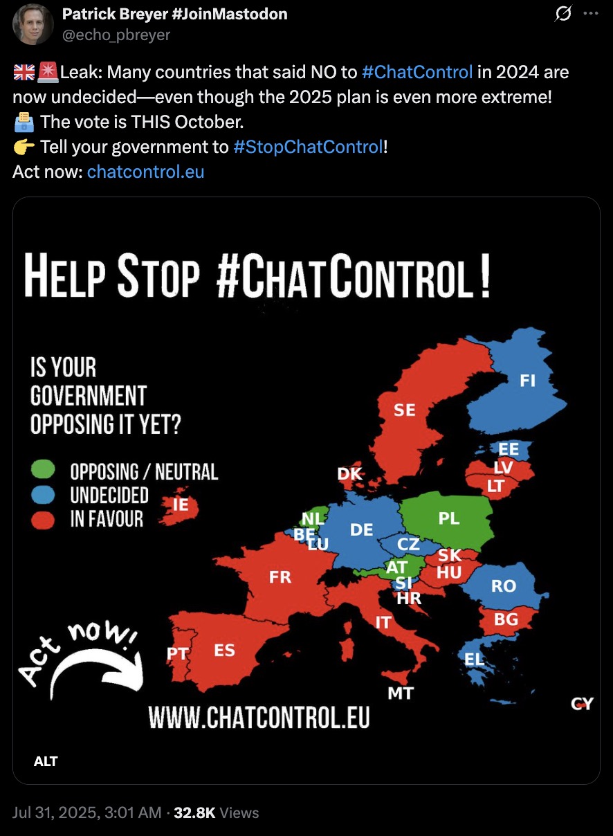Map of Europe with countries colored to show opposition to #ChatControl: green for opposing/neutral (Netherlands, Poland, Austria, Slovenia), blue for undecided (Finland, Estonia, Romania, Greece, Germany, Czech Republic), and red for in favour (Sweden, Ireland, France, Spain, Portugal, Italy, Malta, Croatia, Slovakia, Hungary, Belgium, Luxembourg, Denmark, Latvia, Lithuania, Bulgaria, Cyprus). Text reads: 'Help Stop #ChatControl! Is your government opposing it yet? Act now! www.chatcontrol.eu'.