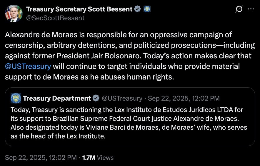 A tweet from Treasury Secretary Scott Bessent (@SecScottBessent) dated July 30, 2025. It states that the U.S. Treasury is sanctioning Brazilian Supreme Federal Court Justice Alexandre de Moraes for authorizing arbitrary pre-trial detentions and suppressing freedom of expression. The tweet accuses de Moraes of censorship, human rights violations, and politicized prosecutions, including against former President Jair Bolsonaro. It concludes that the Treasury will hold accountable those who threaten U.S. interests and limit freedoms. The tweet shows 19.5K views.