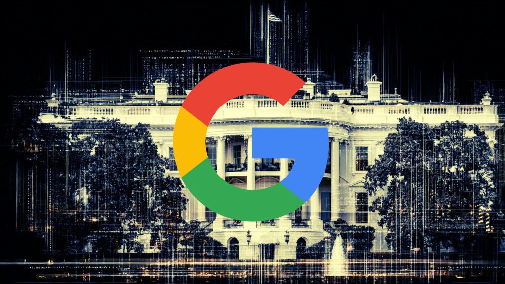 A large multicolored Google "G" centered over a stylized, high-contrast image of the White House with a dark background, vertical digital glitch lines and illuminated trees and fountain in the foreground.