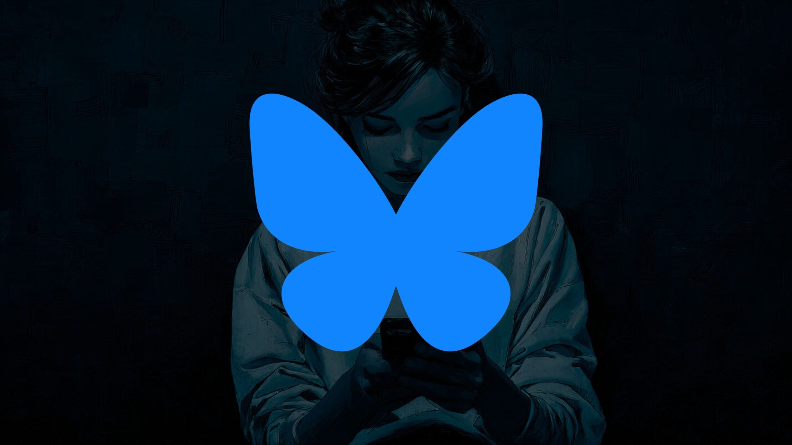 A large solid blue butterfly-shaped graphic centered over a dark, moody painting of a person in a loose shirt looking down at a glowing phone against a textured black background.