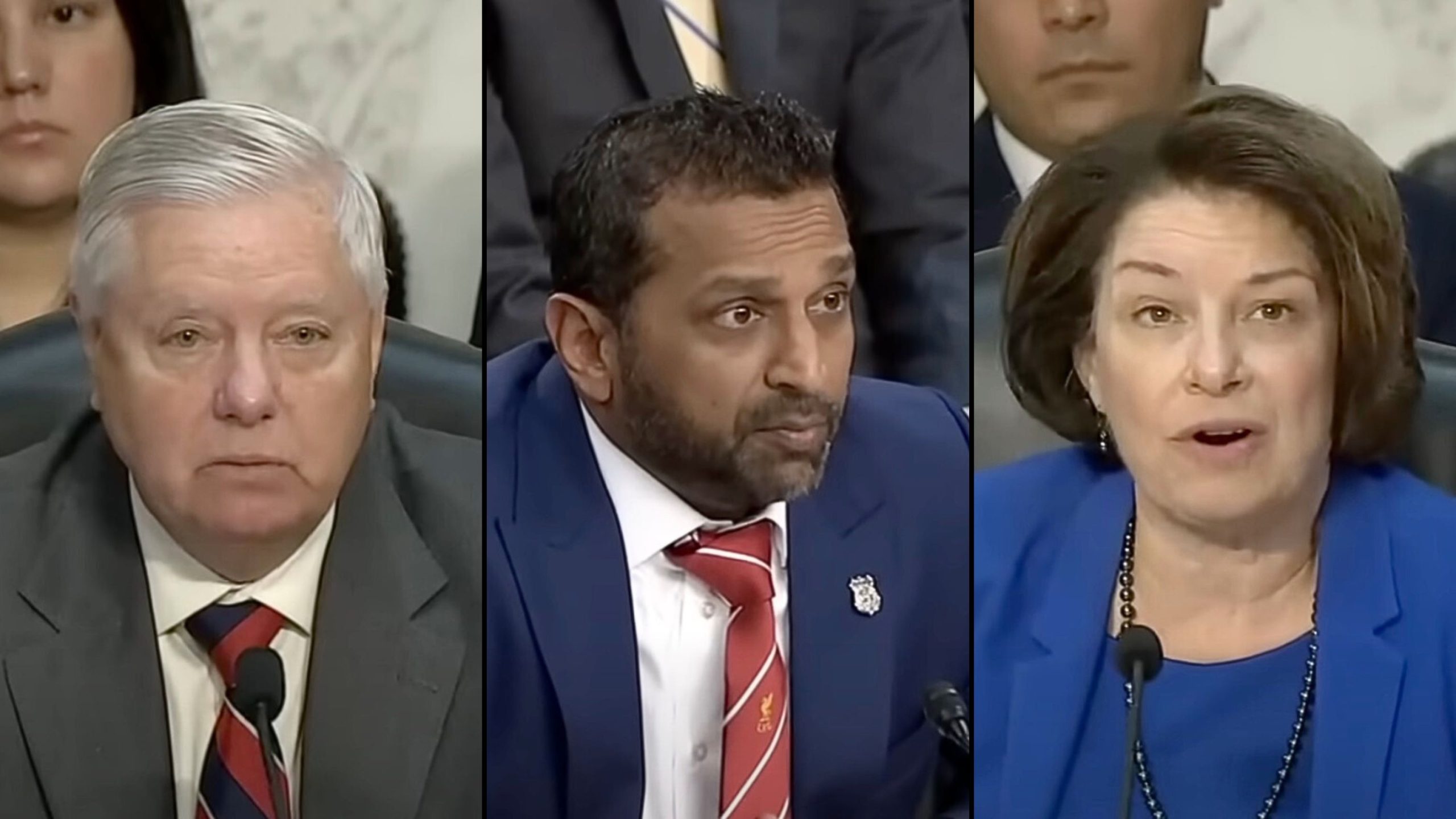 Three-panel image of officials at a formal hearing: left, Graham; center, Patel; right, Klobuchar.