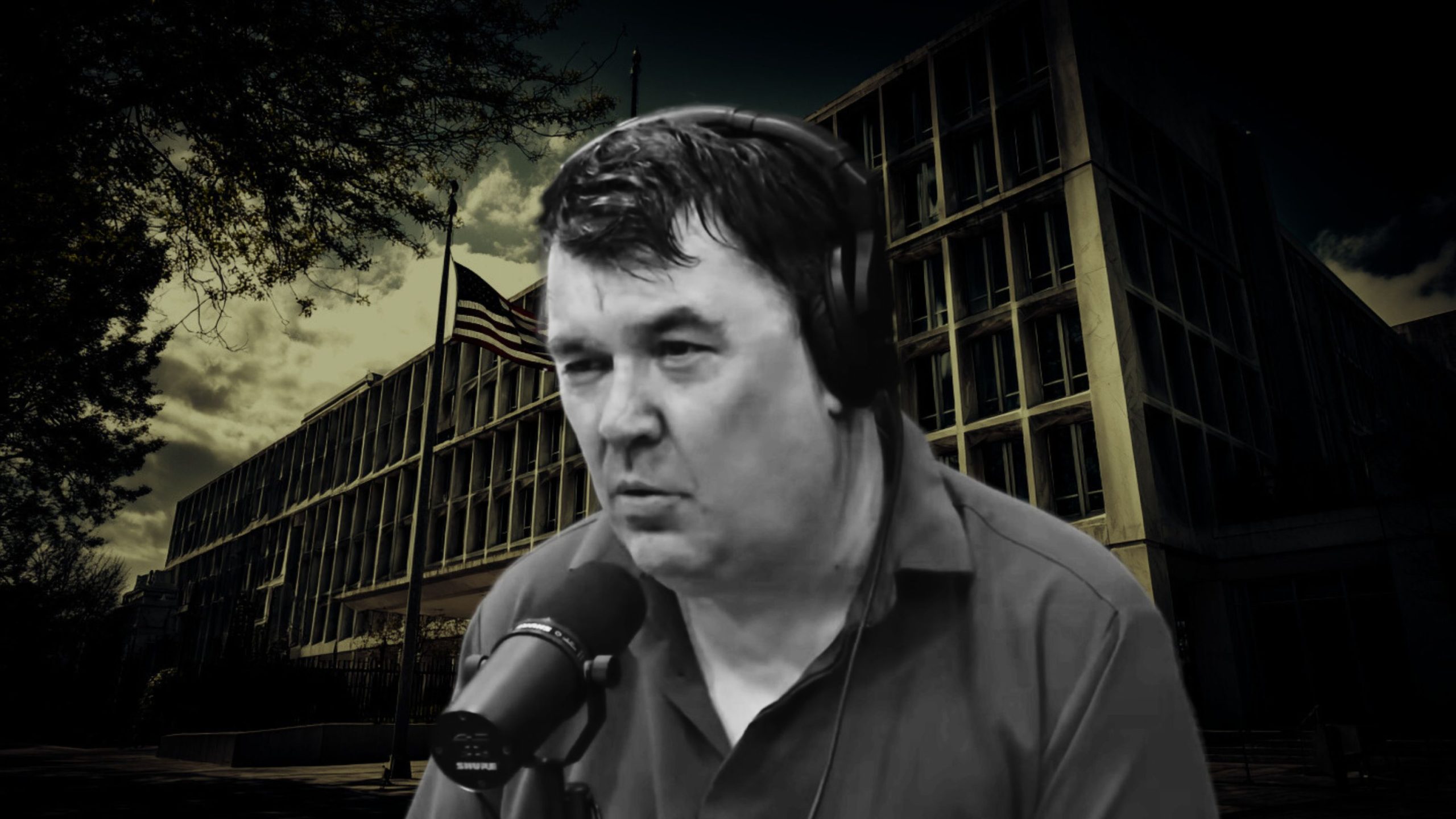 Linehan wearing over-ear headphones and speaking into a studio microphone, composited in grayscale over a dark, ominous government building with an American flag and cloudy sky in the background.