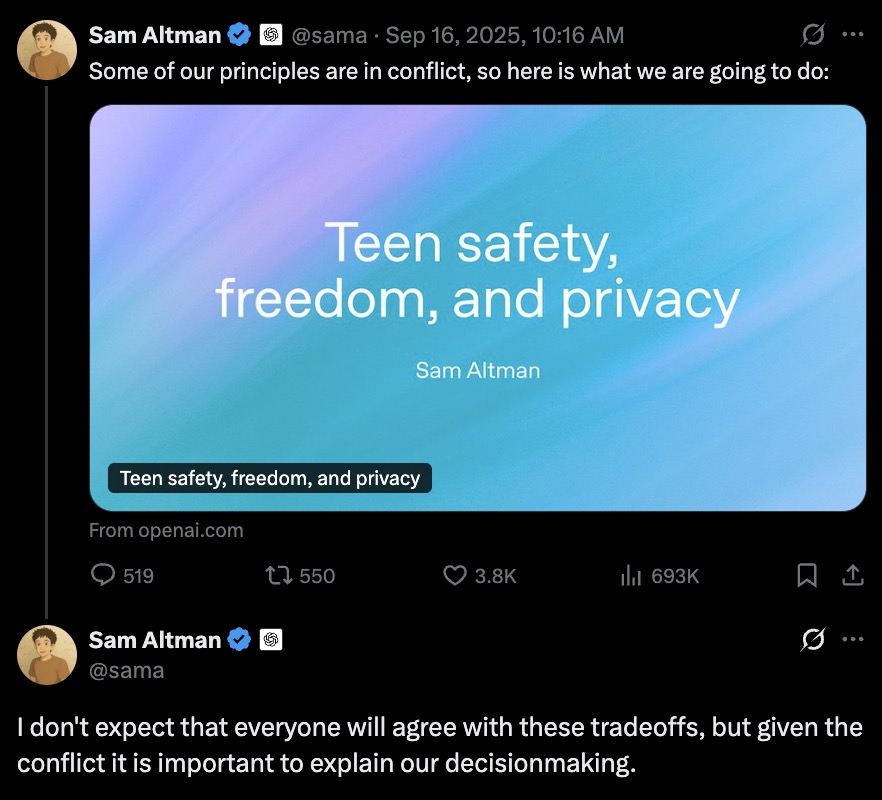 Screenshot of a verified social media post showing a rounded-corner gradient card that reads “Teen safety, freedom, and privacy,” with a short caption below and a reply stating they don’t expect everyone to agree with these tradeoffs and that it’s important to explain the decision‑making.