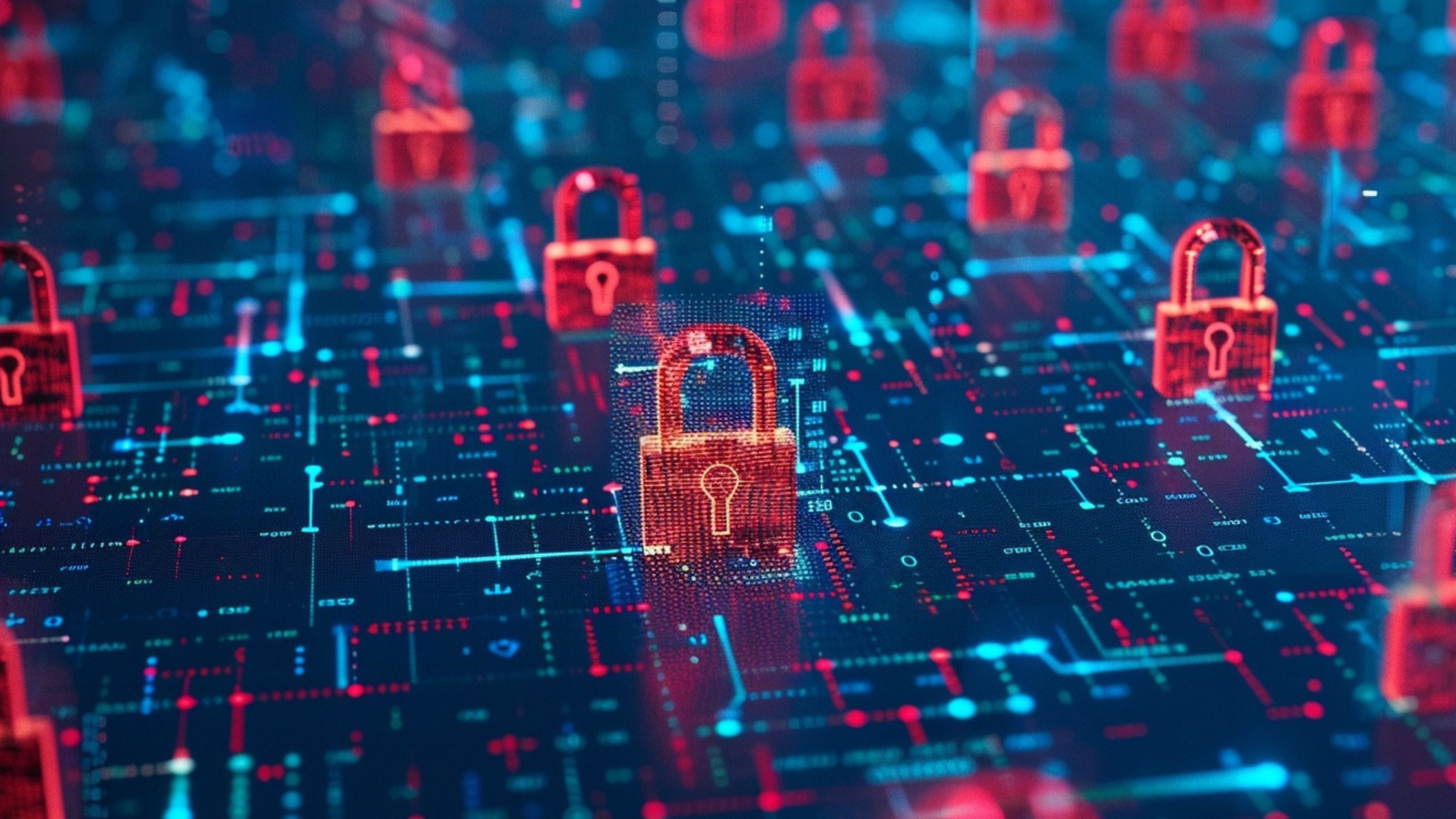 Glowing red padlock icons hovering above a blue-and-red digital circuit-board grid, symbolizing network security and data protection.