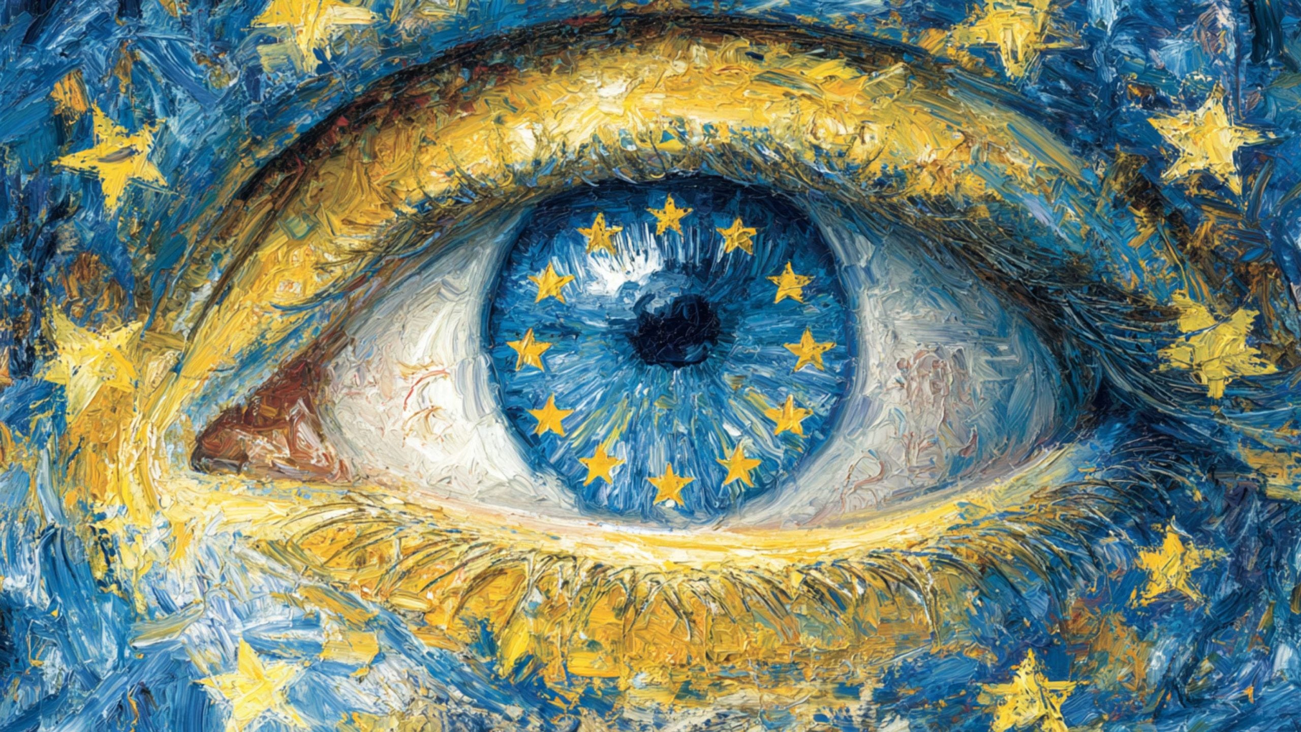 Close-up oil-painted blue eye with twelve yellow European Union stars arranged in the iris, framed by thick textured blue and gold brushstrokes.