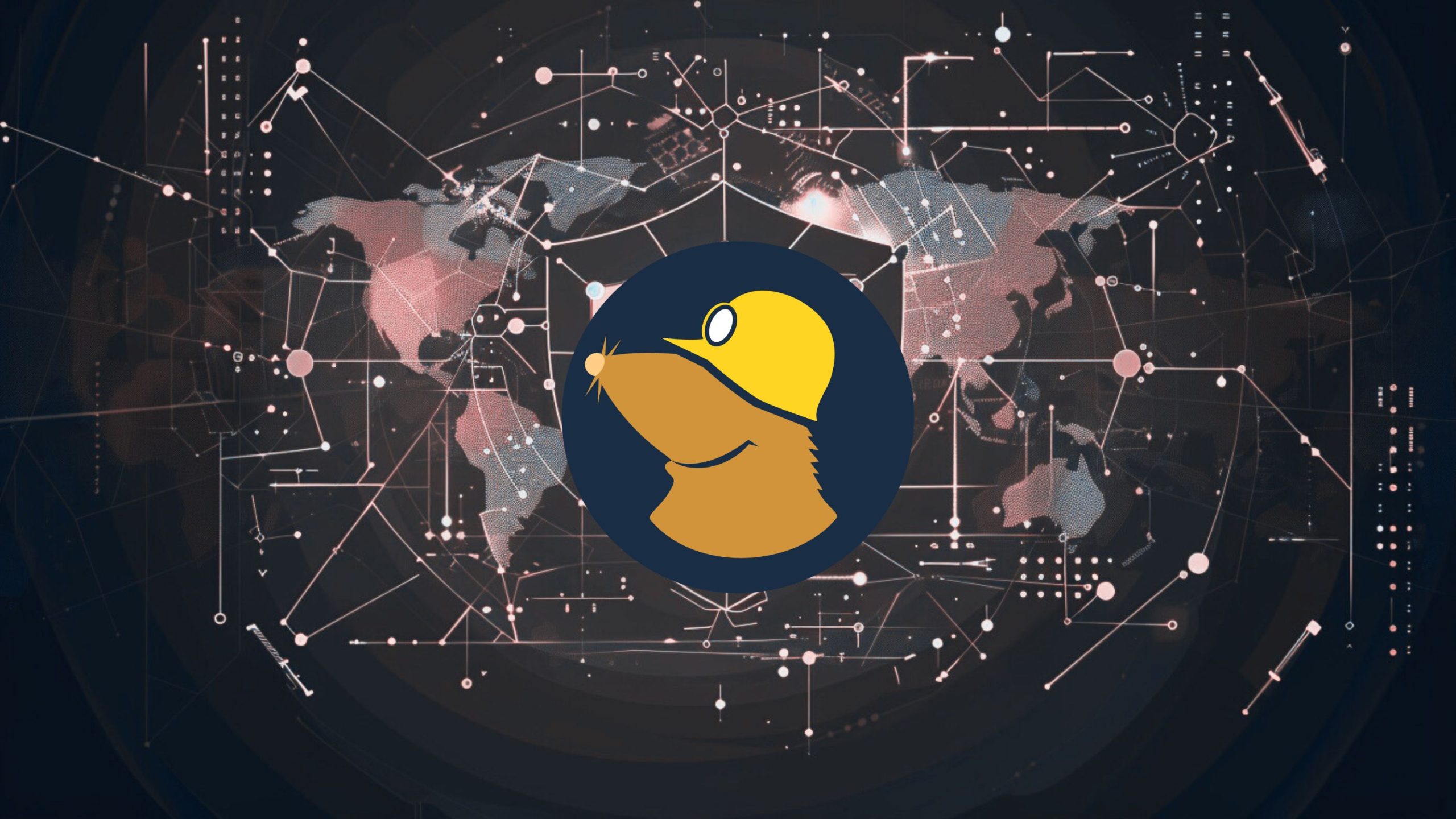 Stylized brown mole wearing a yellow construction helmet inside a dark blue circular badge, centered over a digital world map with pinkish continents and interconnected nodes and circuit-like lines on a dark background.
