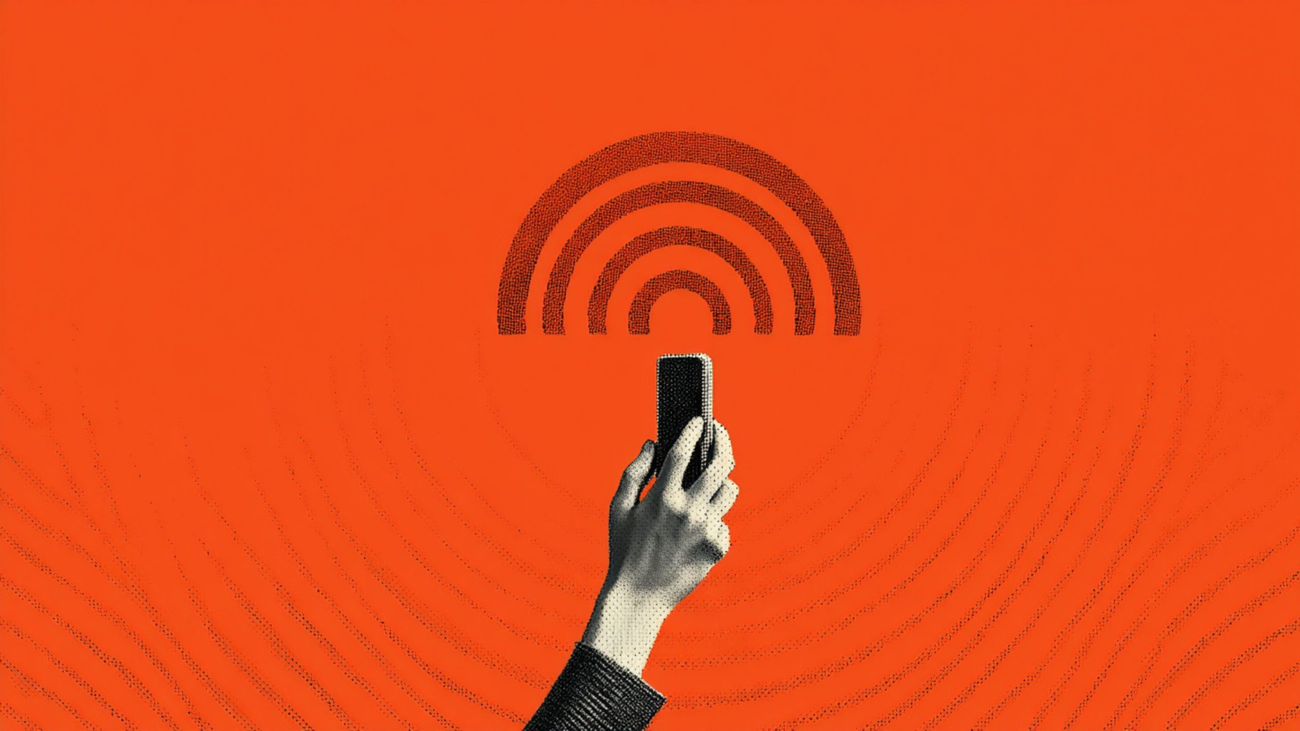 A halftone black-and-white hand holds a smartphone aloft beneath stylized concentric wireless-signal arcs on a bright orange background.