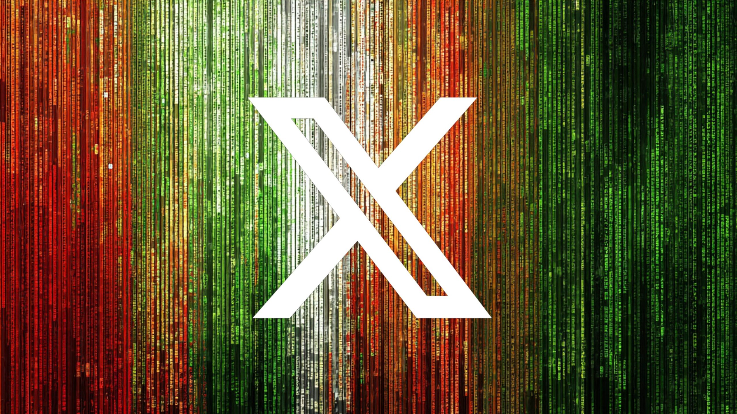 Centered white stylized X logo over a multicolored background of vertical, rain-like digital code lines in red, orange, white and green gradients.