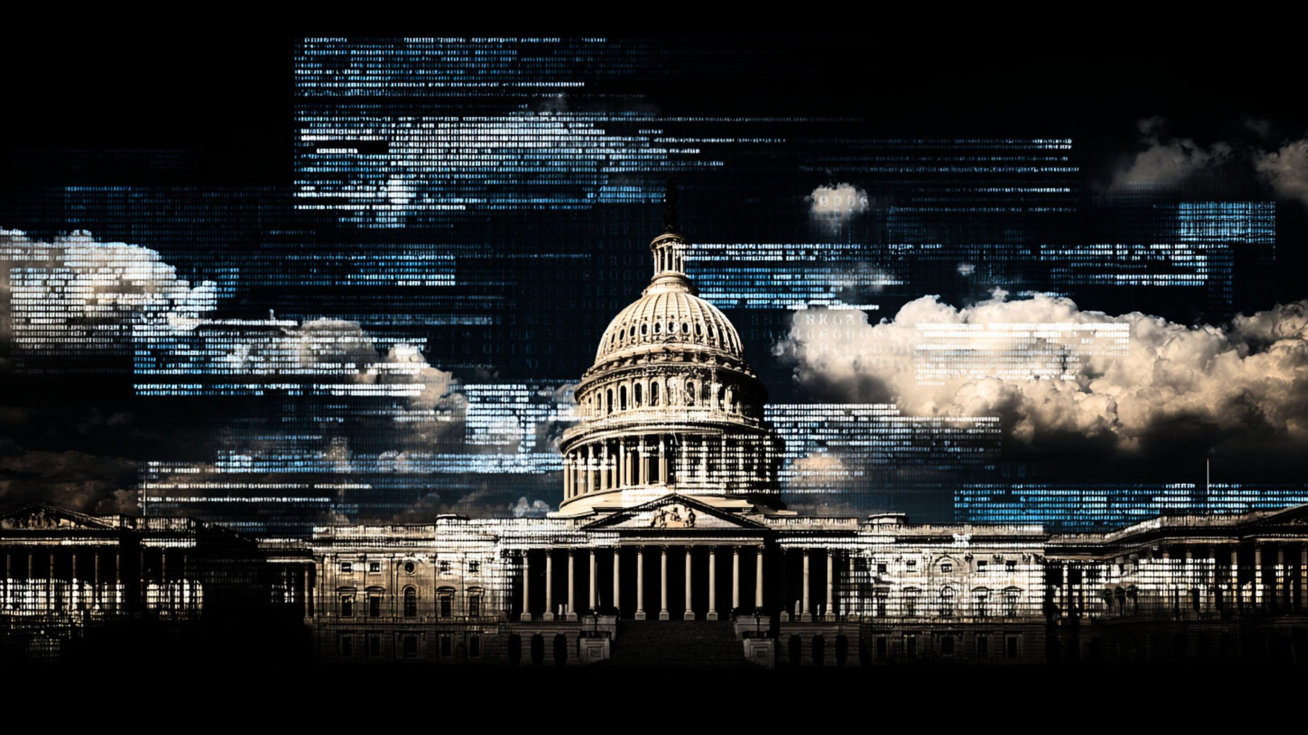 The US Capitol building and dome beneath dark, stormy clouds with blue digital code and horizontal data streaks overlaid, creating a moody cyber-themed scene.