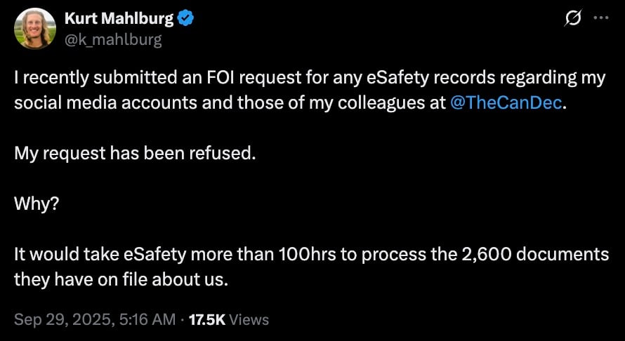 Dark-mode screenshot of a verified social media post saying the author submitted an FOI request for eSafety records about their and colleagues’ social media accounts at @TheCanDec but the request was refused, stating it would take eSafety more than 100 hours to process the 2,600 documents on file; timestamp Sep 29, 2025, 5:16 AM and 17.5K views.