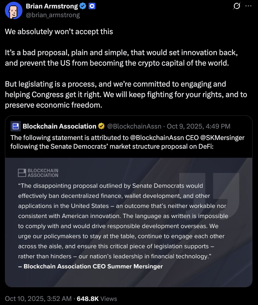 Screenshot of a verified social media post by a crypto industry executive rejecting a Senate Democrats’ market-structure proposal on DeFi as harmful to innovation and vowing to engage with Congress to preserve economic freedom; embedded statement card from a blockchain trade group calls the proposal effectively a ban on decentralized finance and urges policymakers to refine the legislation.