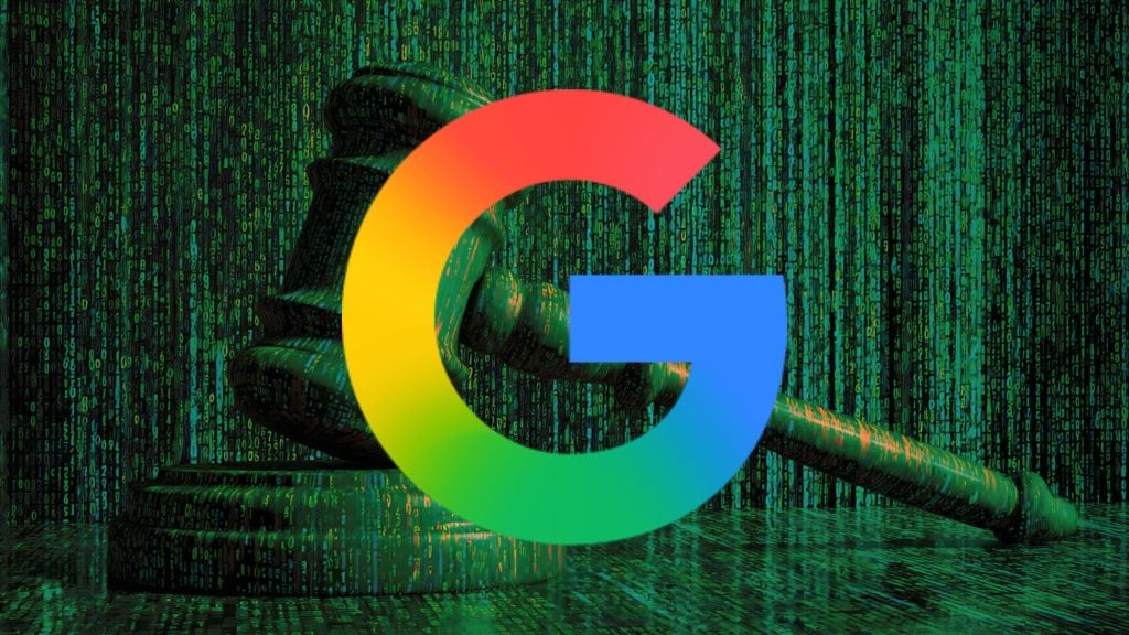 A large multicolored Google G centered over a judge's gavel and sound block rendered with green binary code cascading in the background, symbolizing law and technology.