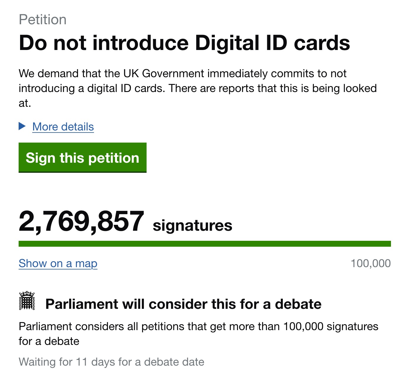Screenshot of a UK government petition webpage titled “Do not introduce Digital ID cards,” showing a short demand text, a green “Sign this petition” button, a green progress bar and the total 2,769,857 signatures with a note that Parliament will consider it for debate after exceeding 100,000 signatures.