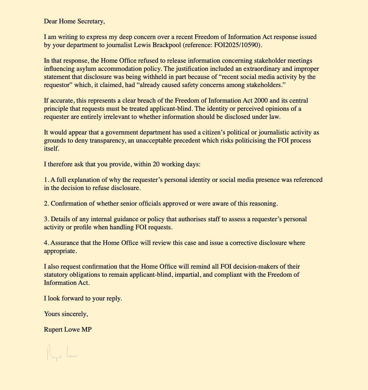 Cream-sheet printed formal letter addressed "Dear Home Secretary" from Rupert Lowe MP expressing concern about a Freedom of Information response and listing four numbered requests for explanation, confirmation and corrective action, with a closing sign-off and handwritten signature at the bottom.