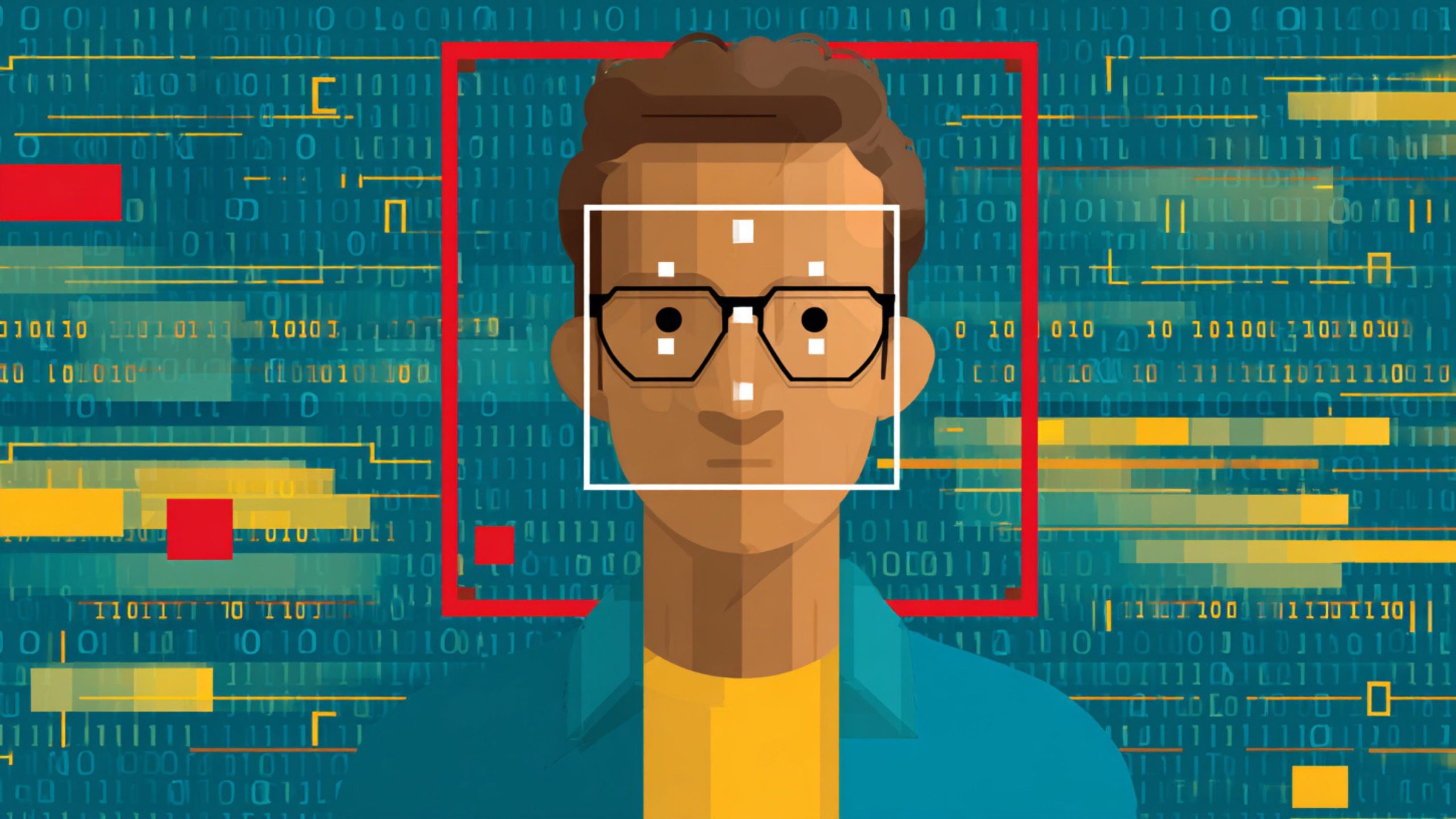 A stylized front-facing portrait of a person with short brown hair and glasses, wearing a yellow shirt and teal jacket, framed by a white facial-recognition box and red rectangle over a teal background of binary code and yellow data bars.