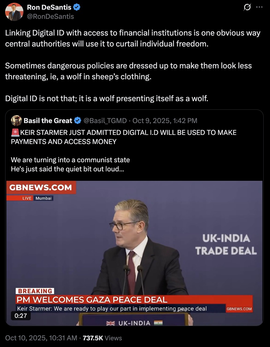 Screenshot of a verified social media post quoting another verified post; top text warns that linking Digital ID to financial access will curtail individual freedom and calls Digital ID “a wolf presenting itself as a wolf,” while the embedded quoted post asserts a politician said digital ID will be used to make payments and includes a video still of him at a podium with a “UK-INDIA TRADE DEAL” backdrop and a red news banner reading “PM WELCOMES GAZA PEACE DEAL.”