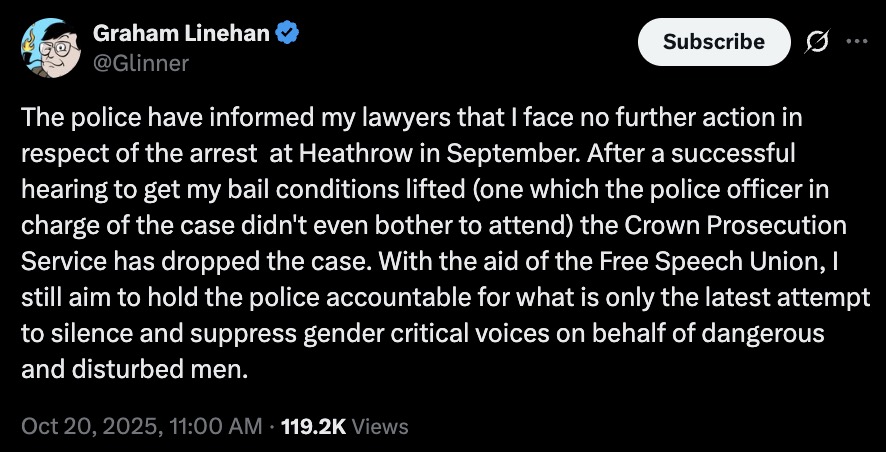 Screenshot of a verified Twitter post on a dark background from a user with a small cartoon avatar and blue check, stating that the police informed the user's lawyers they face no further action over an arrest at Heathrow in September, that bail conditions were lifted and the Crown Prosecution Service dropped the case, and that with help from the Free Speech Union the user intends to hold the police accountable for attempts to silence ‘gender critical’ voices; timestamp Oct 20, 2025, 11:00 AM and 119.2K views.