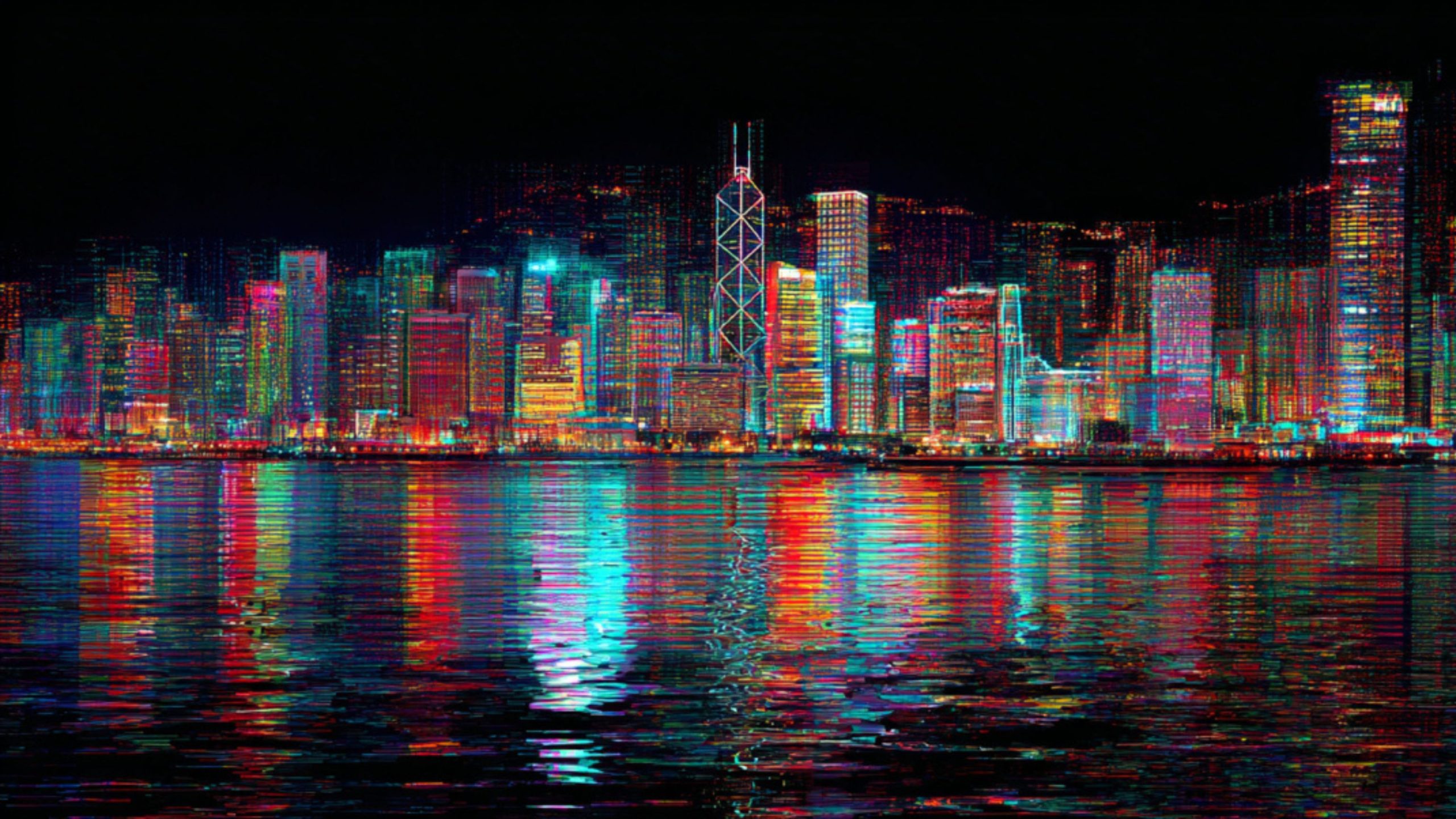 Neon cyberpunk city skyline at night with brightly lit skyscrapers, including a central lattice tower, their vivid red, cyan and yellow lights forming vertical patterns and reflecting in rippled water in the foreground.