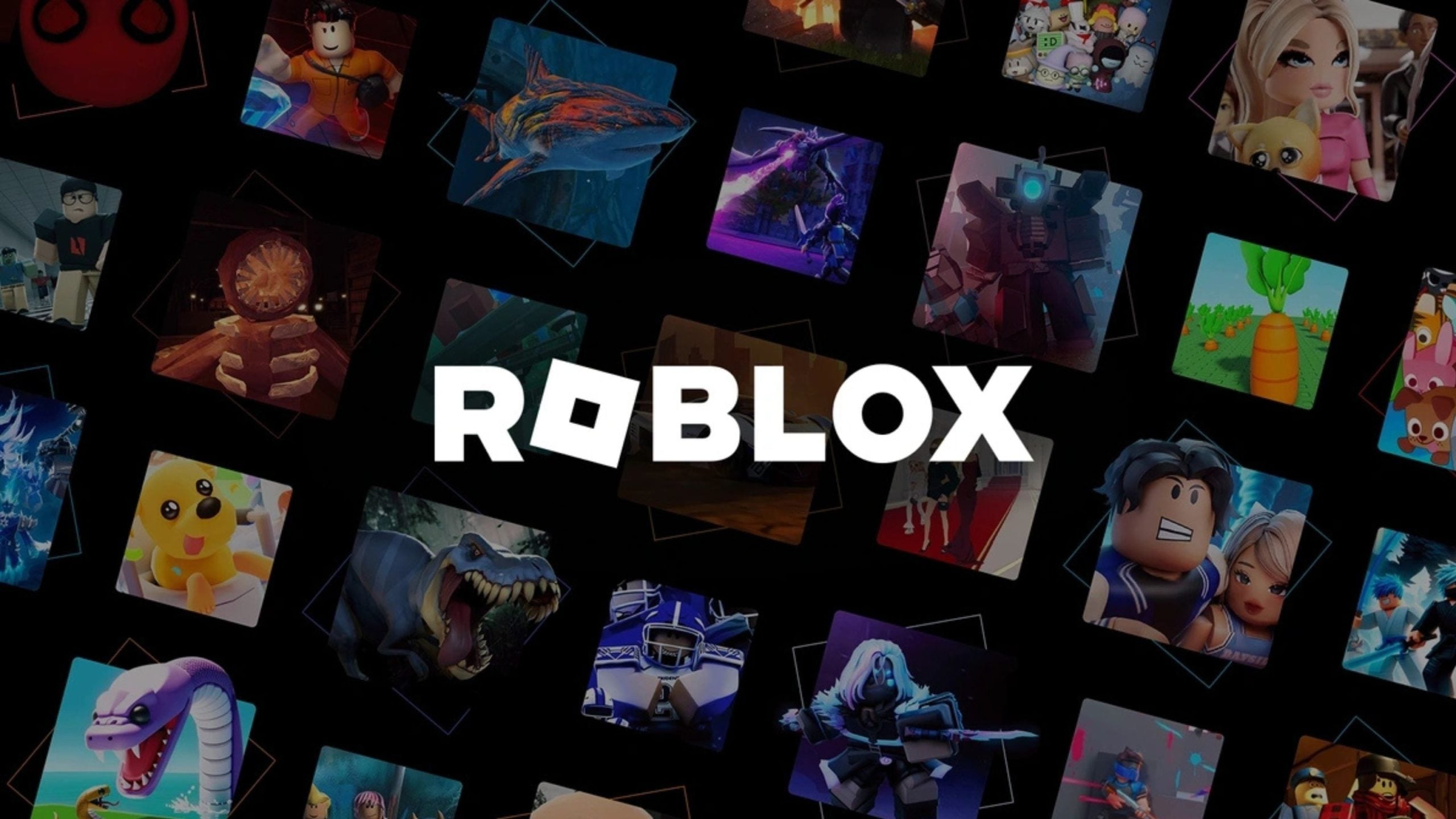 White ROBLOX logo centered on a black background, surrounded by scattered colorful square thumbnails showing varied game characters, creatures and scenes.