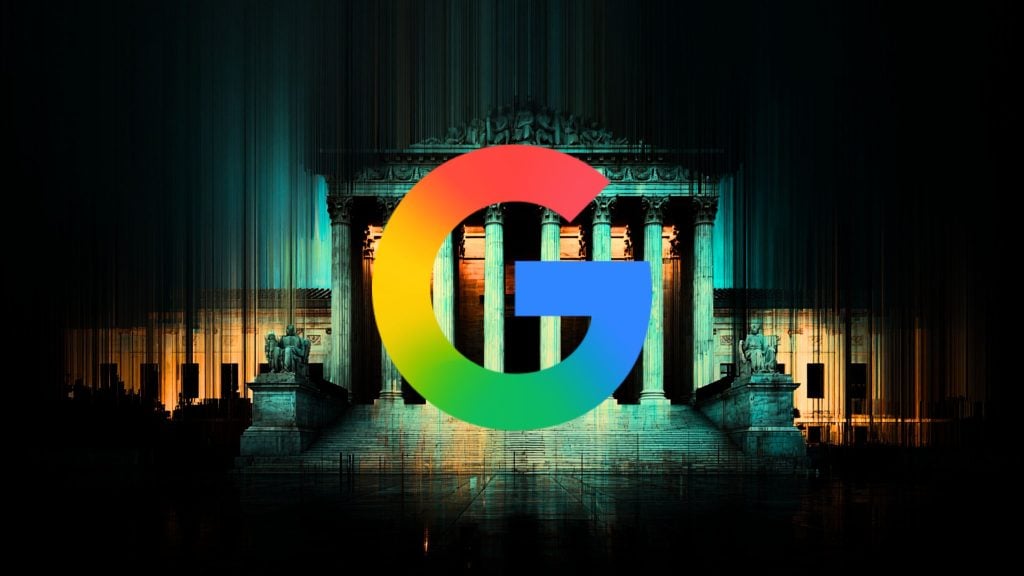 A large multicolored Google “G” logo centered against a dramatic teal-and-orange lit neoclassical courthouse facade with tall columns, steps, and vertical light‑streak effects.