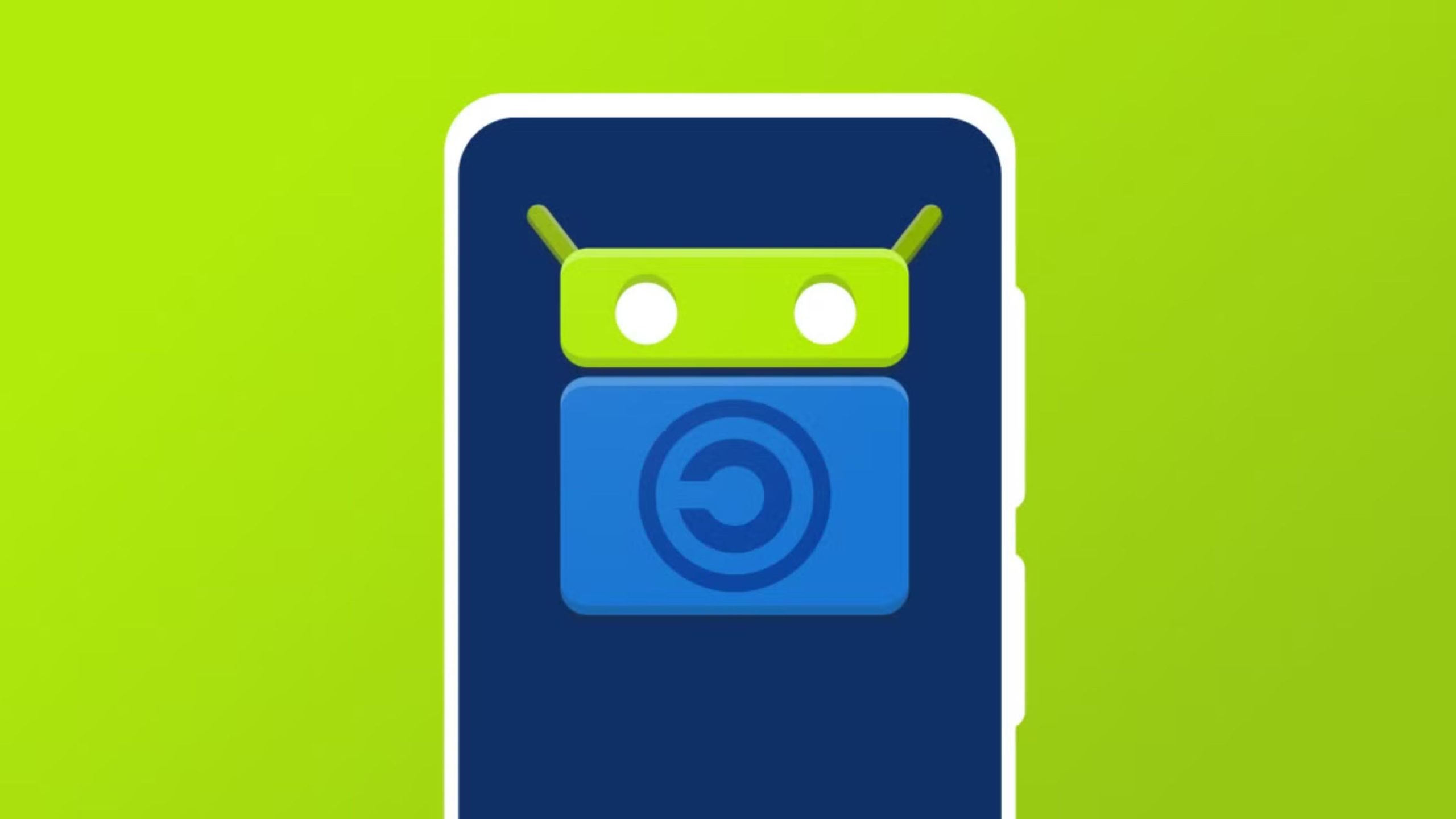 Stylized green robot head with two short antennae above a blue rectangular body bearing a circular 'C' emblem, displayed on a navy smartphone screen framed by a white outline against a bright lime-green background.