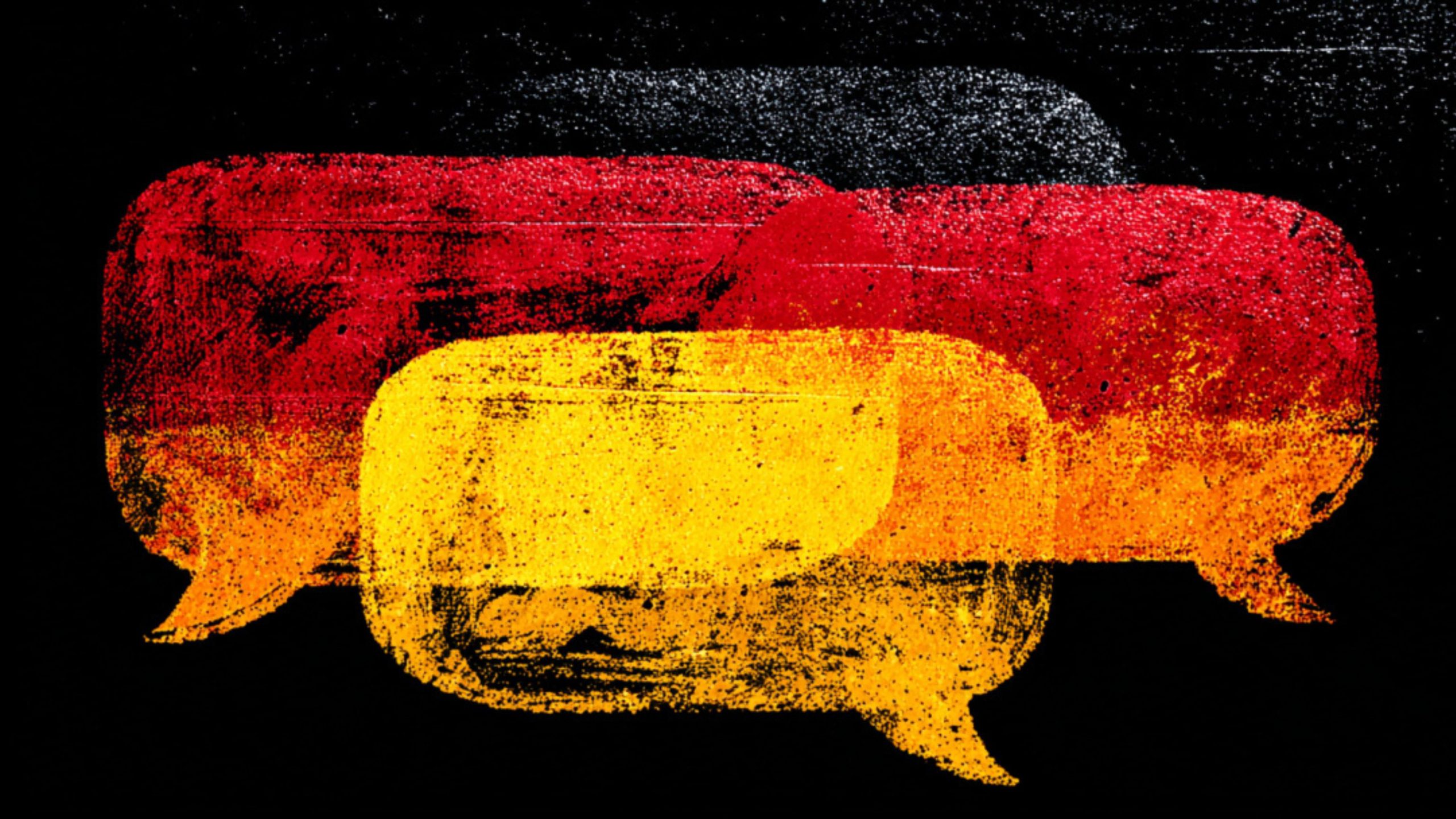 Three grungy, textured speech bubbles in black, red, and yellow overlapping against a solid black background.