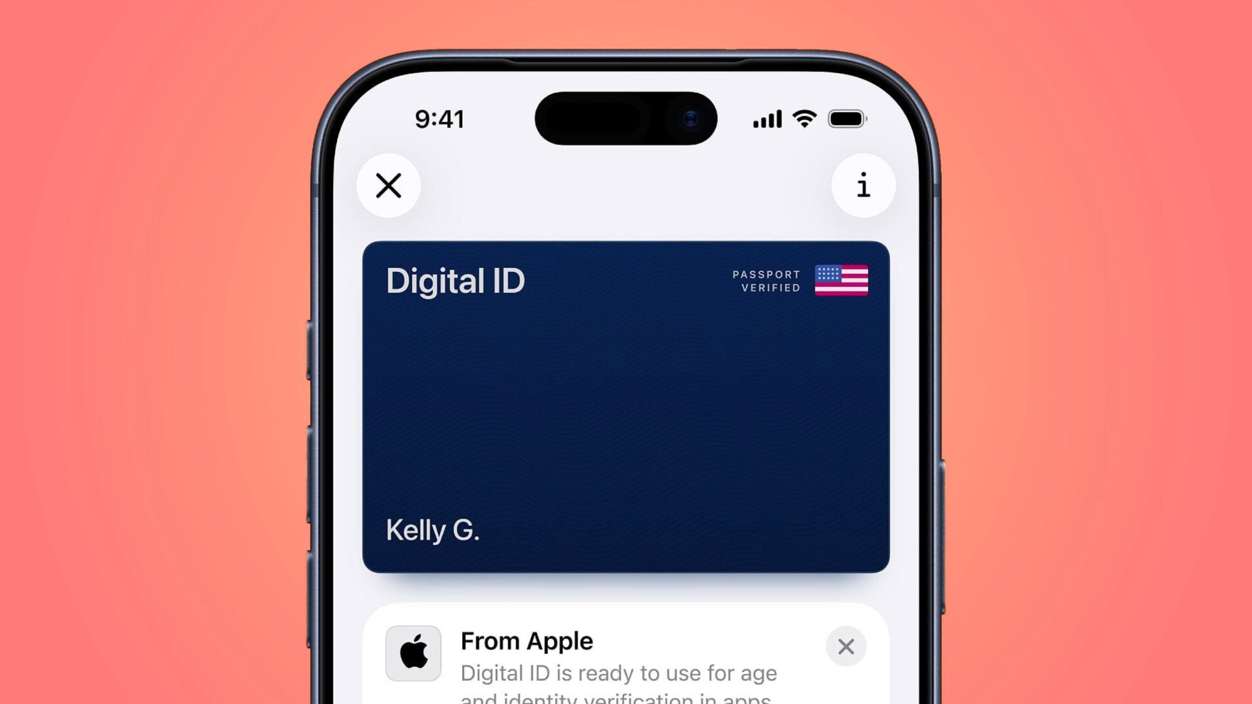 Close-up of a smartphone on a coral gradient background showing a Digital ID card on screen: a navy card labeled "Digital ID" with "Kelly G." at the bottom, a small US flag and "Passport Verified" at the top-right, and an Apple notification card partially visible below.