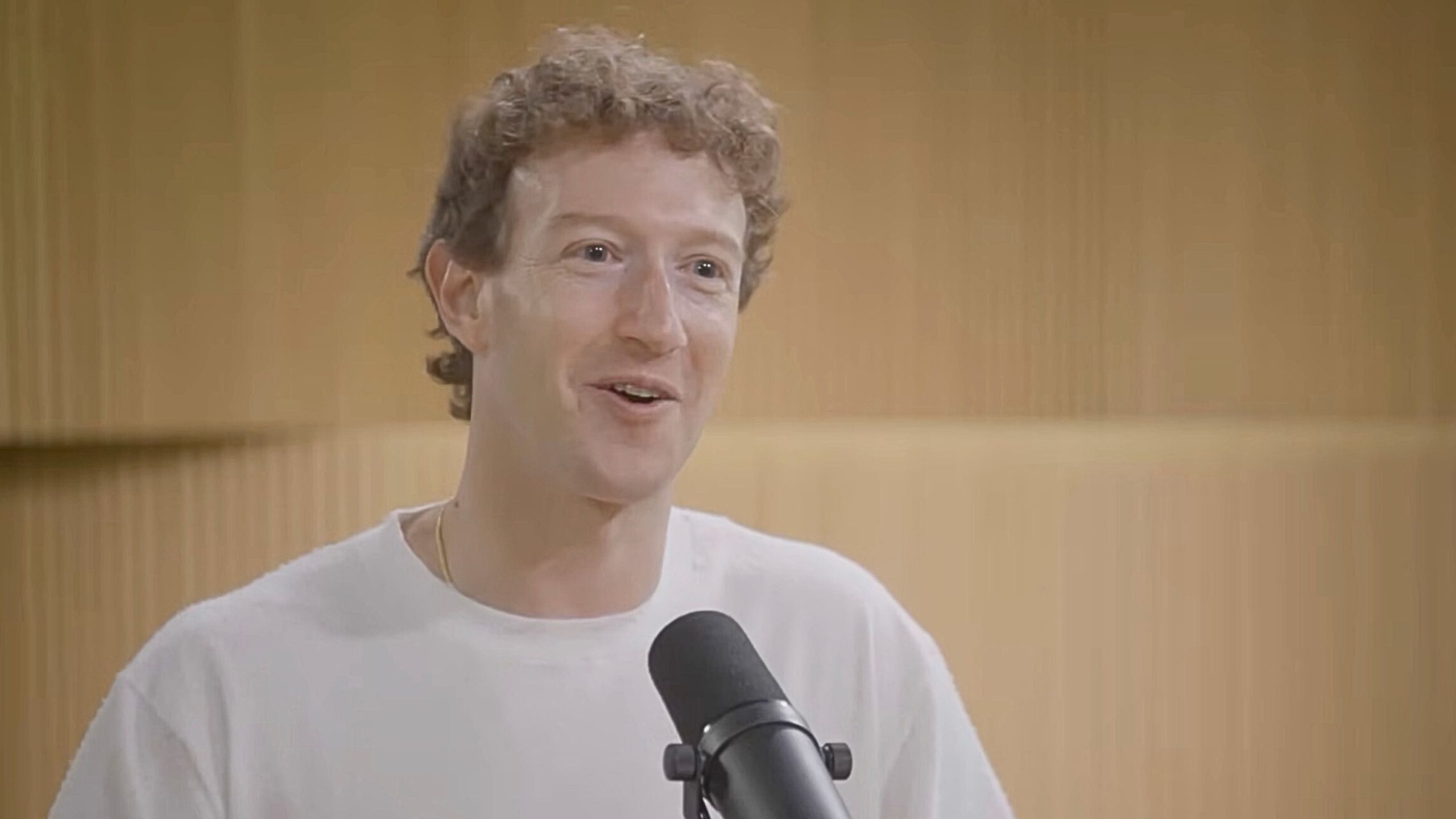 Zuckerberg with short curly light-brown hair wearing a white T-shirt, speaking into a black microphone in front of a wood‑paneled studio background.
